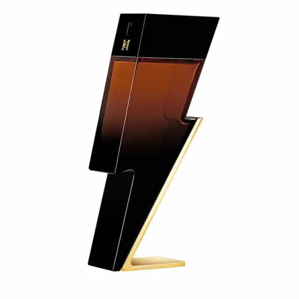 Schwarzer, blitzförmiger Flakon mit goldfarbenem Fuß. Braune Flüssigkeit sichtbar. Logo oben. Blickwinkel: schräg.