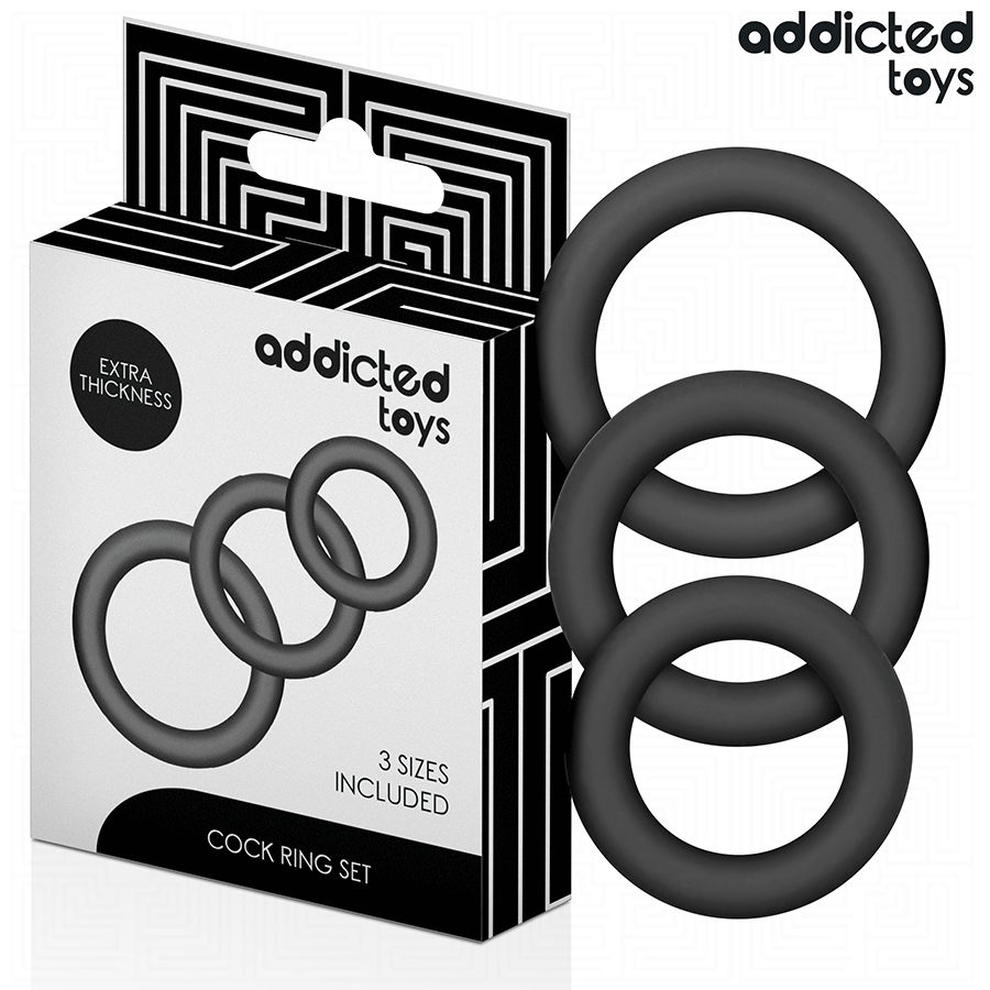 Schwarzes Cock Ring Set in Verpackung. Enthält drei Ringe verschiedener Größen. Marke: Addicted Toys.