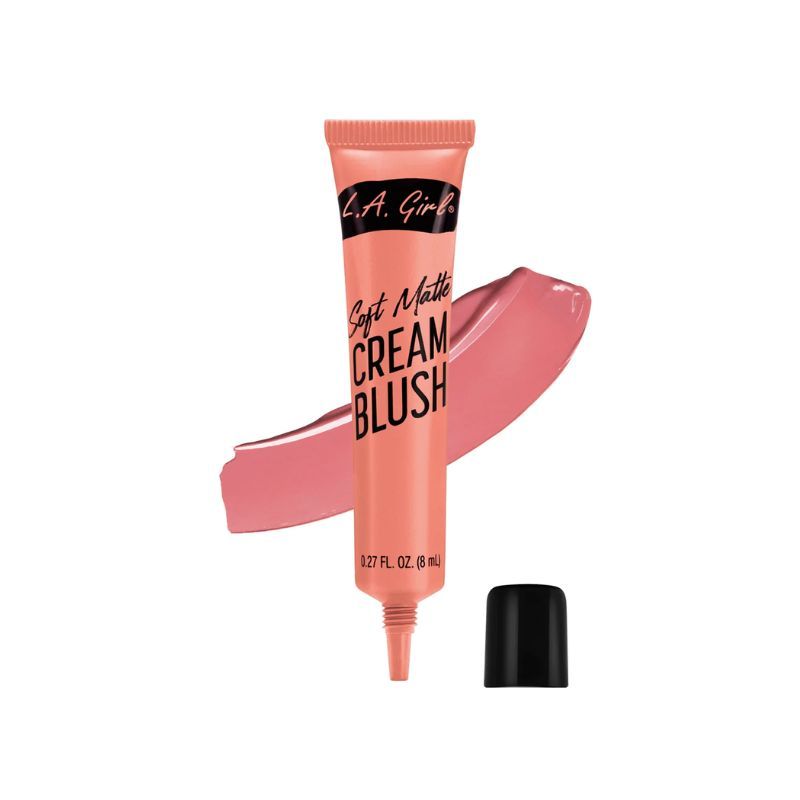 L.A. Girl Soft Matte Cream Blush Tube in Pfirsichton mit schwarzem Deckel und einem Swatch daneben.