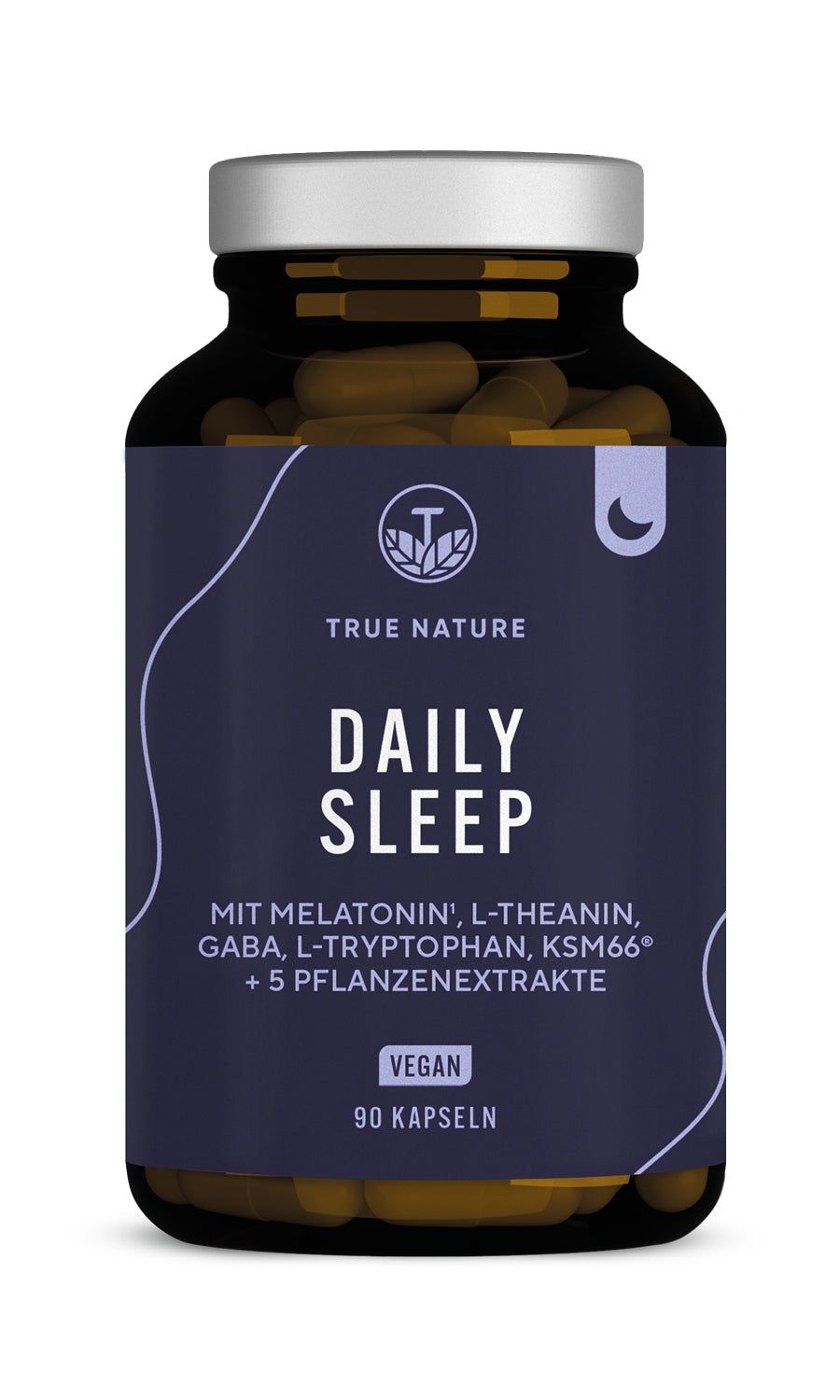 Braune Kapseln in einer braunen Glasflasche mit weißem Deckel. Aufkleber mit Text: True Nature, Daily Sleep, vegan, 90 Kapseln.