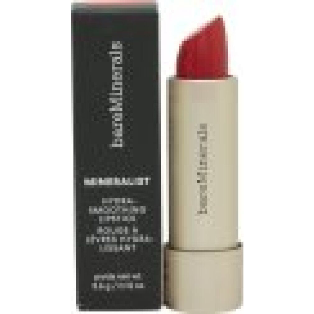 Roter Lippenstift neben schwarzer Verpackung. Marke: bareMinerals. Text: MINERALIST, HYDRA-SMOOTHING LIPSTICK.