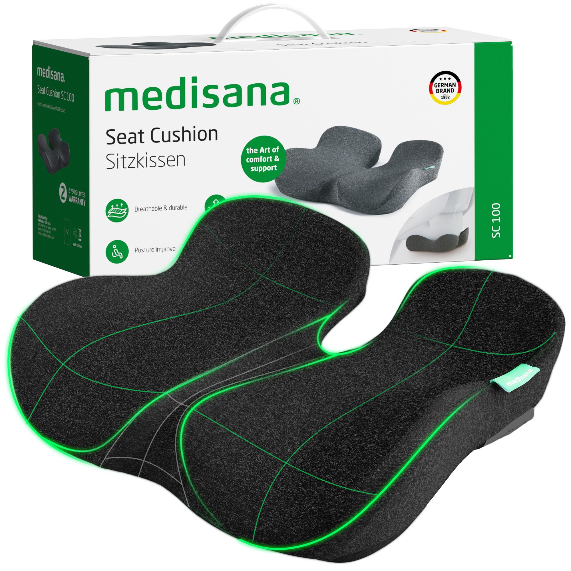 Medisana MC 100 Sitzkissen und Verpackung. Ergonomisches Design, atmungsaktiv.