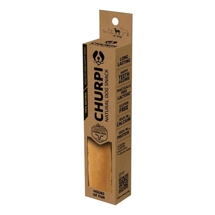 Churpi-Hundesnack in Kartonverpackung. Text: Churpi, Himalaya, 100% natürlich, glutenfrei, reich an Kalzium und Protein.