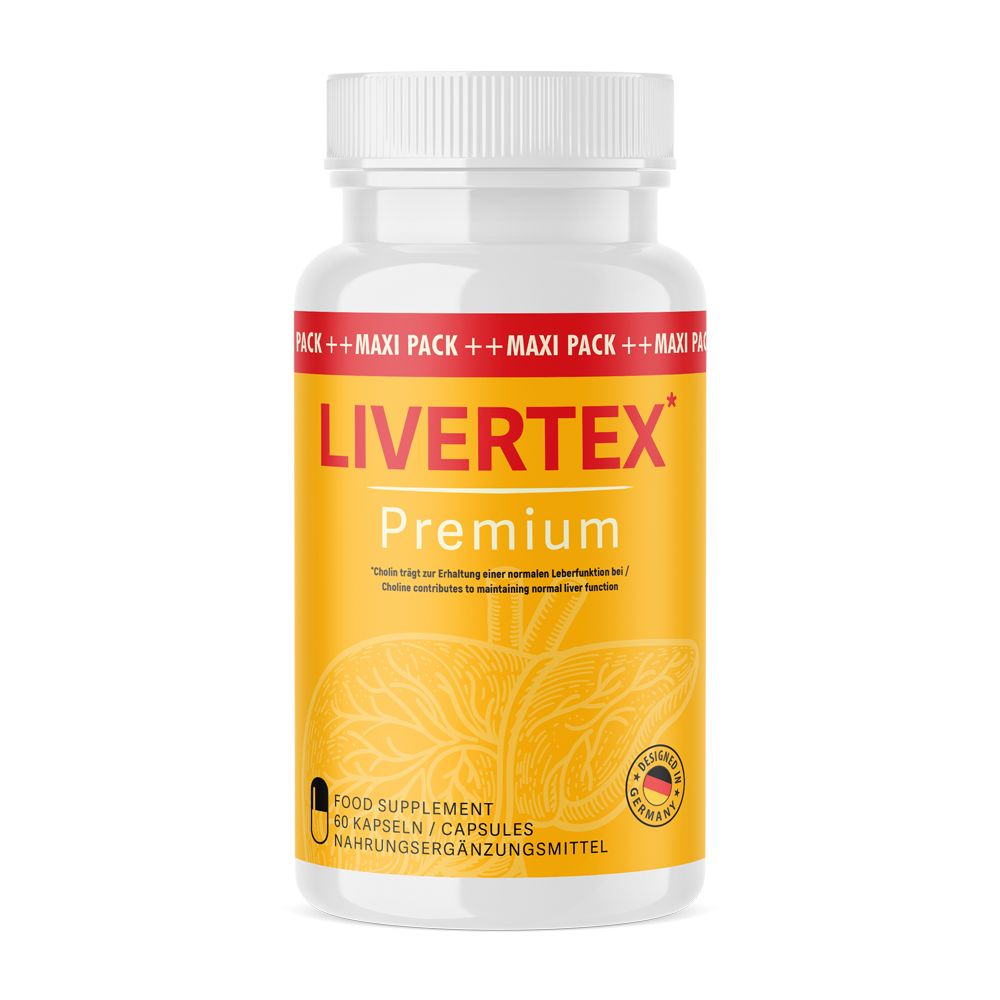 Weiße Flasche mit gelbem Etikett. Aufschrift: Livertex Premium. Enthält 60 Kapseln. Mit deutschem Qualitätssiegel.