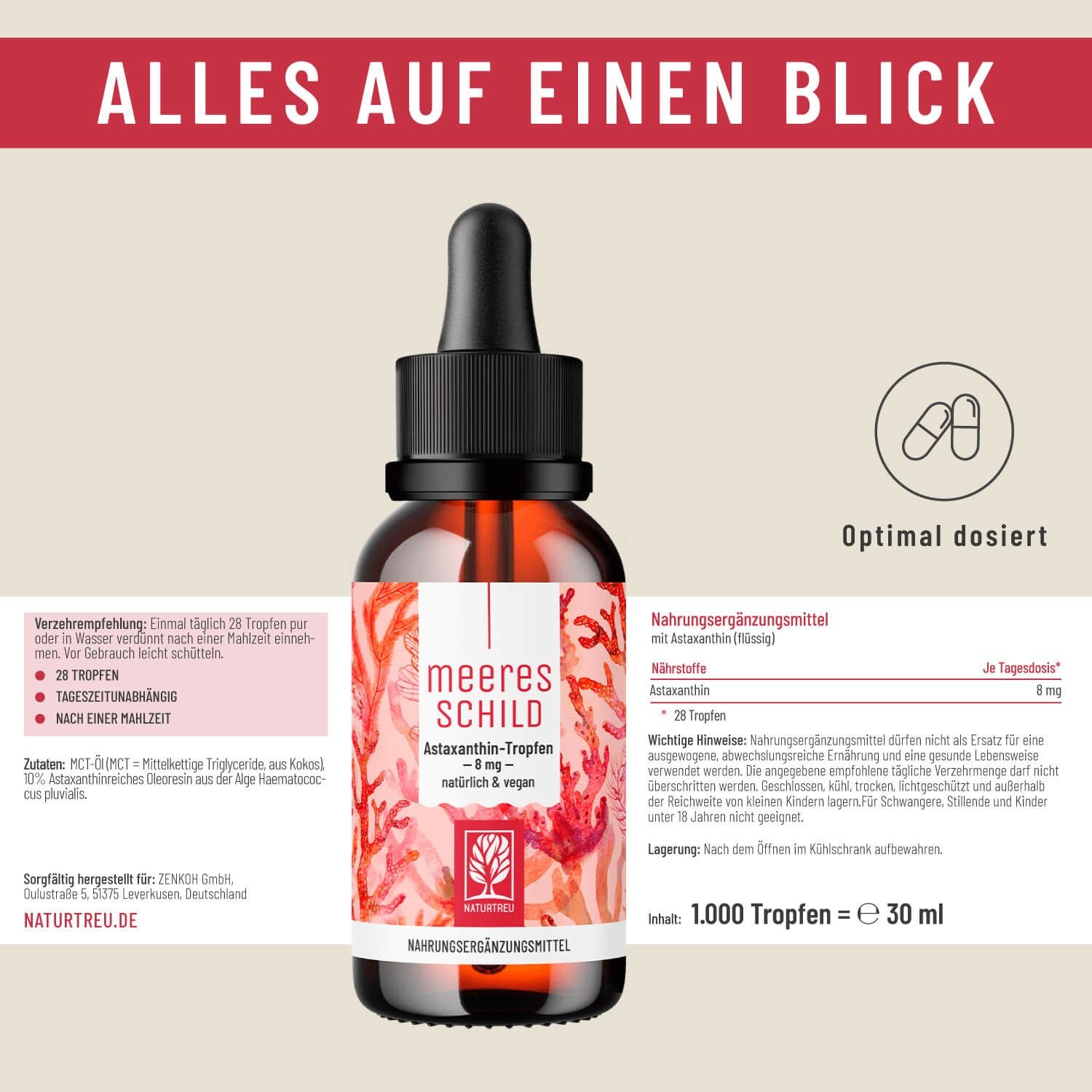 Astaxanthin-Tropfenflasche mit Pipette, daneben Informationen zu Dosierung und Inhaltsstoffen.