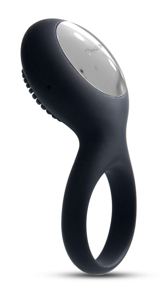 Schwarzer Vibrationsring. Oberteil mit silberner Oberfläche und Noppen. Ringförmiger Schaft. Marke SVAKOM.