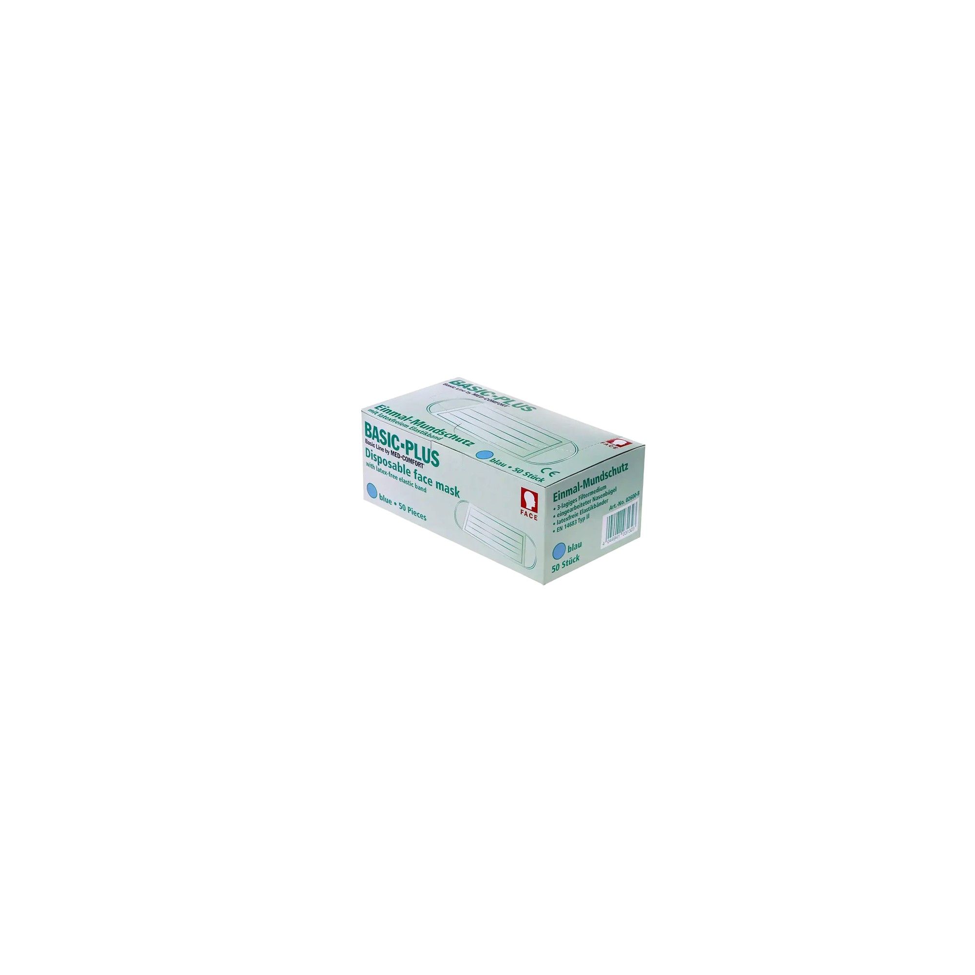 Verpackung von BASIC PLUS Typ II Gesichtsmasken, 50 Stück, mit Sichtfenster.