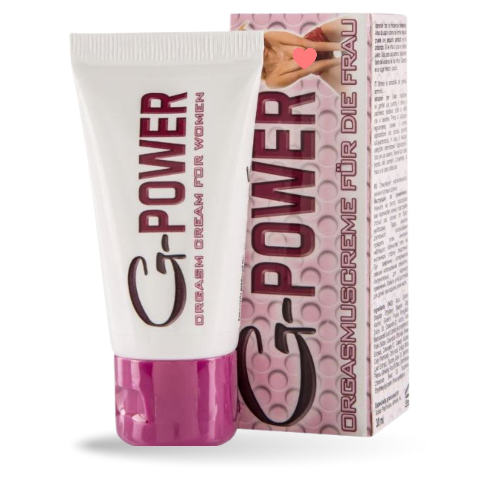 Creme-Tube mit Aufschrift G-POWER. Verpackung mit Text: Orgasmuscreme für die Frau. Rosa und weiße Farbgebung.
