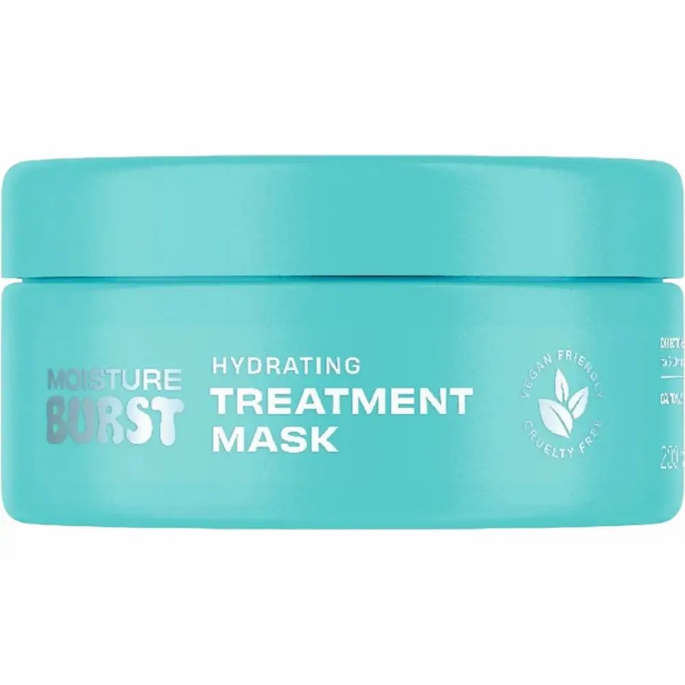 Türkisfarbener Tiegel. Aufschrift: Moisture Burst, Hydrating Treatment Mask. Vegan- und Cruelty-Free-Siegel. 250 ml.