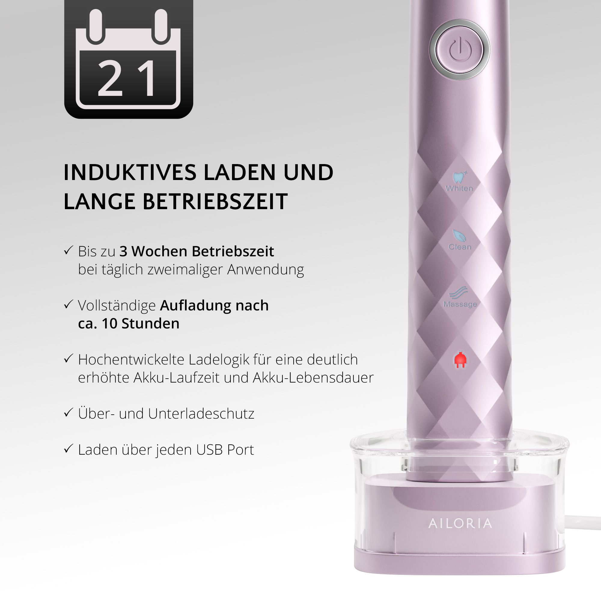 Zahnbürste auf Ladestation. Induktives Laden, lange Akkulaufzeit. Text: Bis zu 3 Wochen Betrieb.