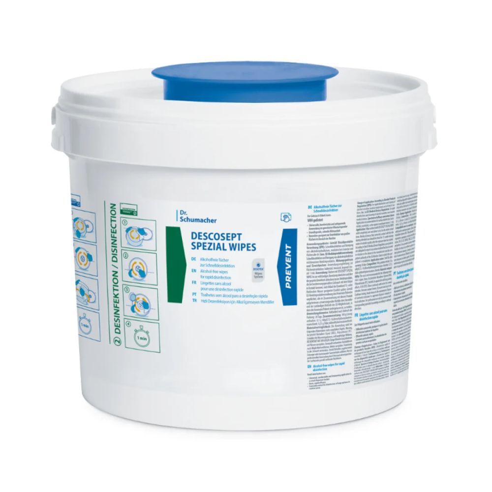 Weißer Eimer mit blauem Deckel. Aufschrift DESCOSEPT SPEZIAL WIPES. Grün-weiße Produktinformationen und Piktogramme.