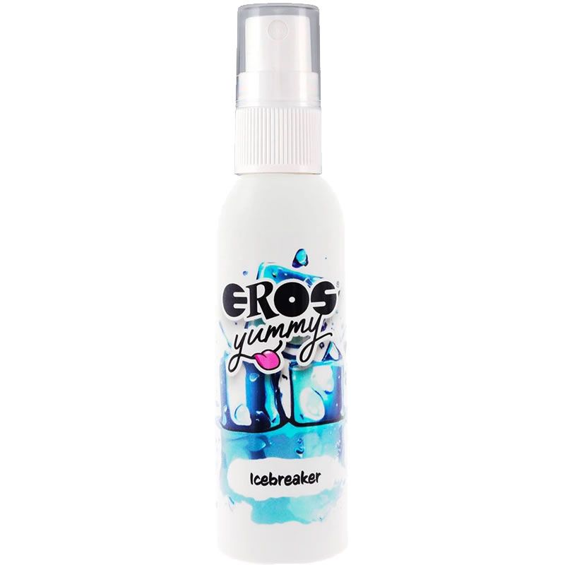 Weiße Sprühflasche mit transparentem Sprühkopf. Aufschrift: EROS yummy Icebreaker. Abbildung von Eiswürfeln.