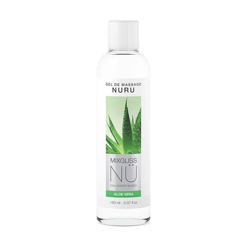 Transparente Flasche mit weißem Deckel. Aufkleber mit Aloe Vera-Motiv und Produktnamen. Text: GEL DE MASSAGE NURU, MIXGLISS NÜ, ALOE VERA.