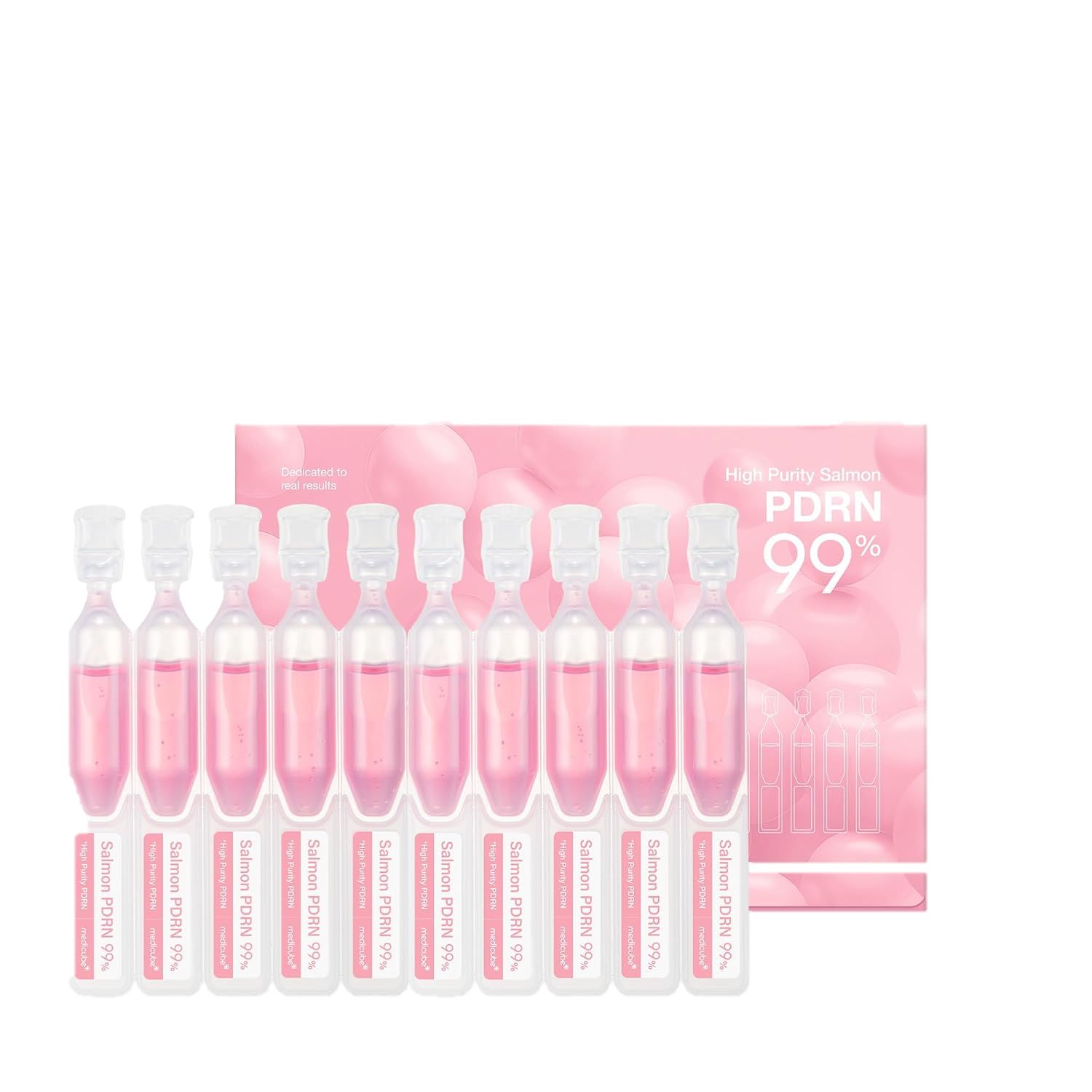 Packung mit 10 Ampullen mit rosa Flüssigkeit. Aufschrift: Salmon PDRN 99%. Rosa Verpackung mit Text.