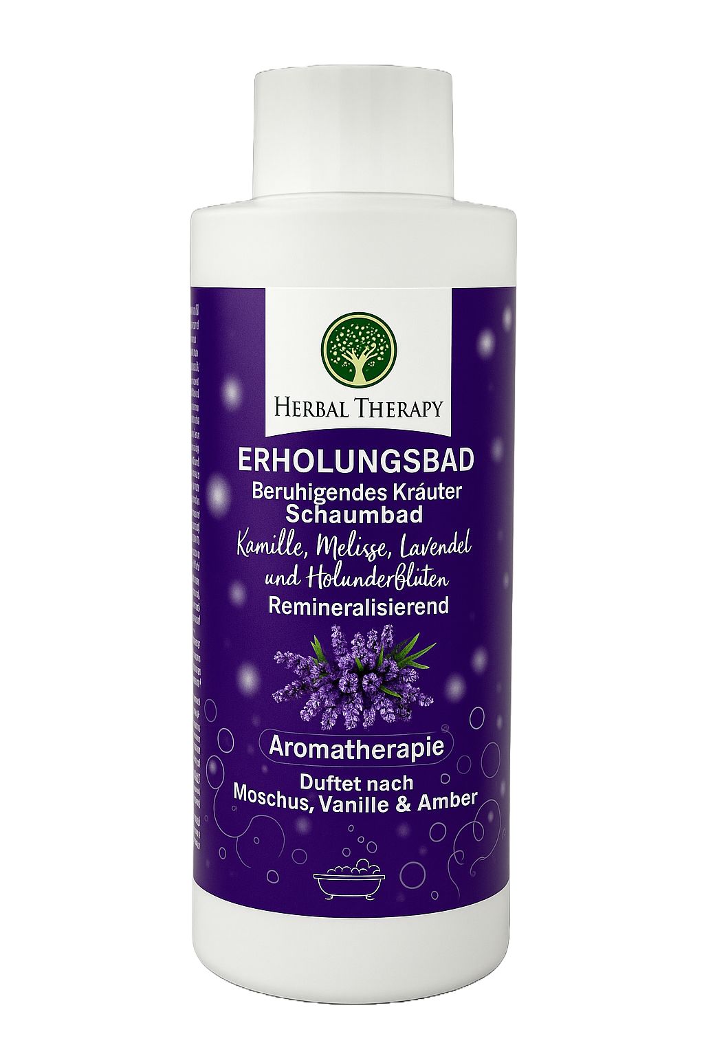 Weiß-violette Flasche mit Produktetikett. Text: Herbal Therapy, Erholungsbad, Kräuter Schaumbad. Abbildung von Lavendelblüten.