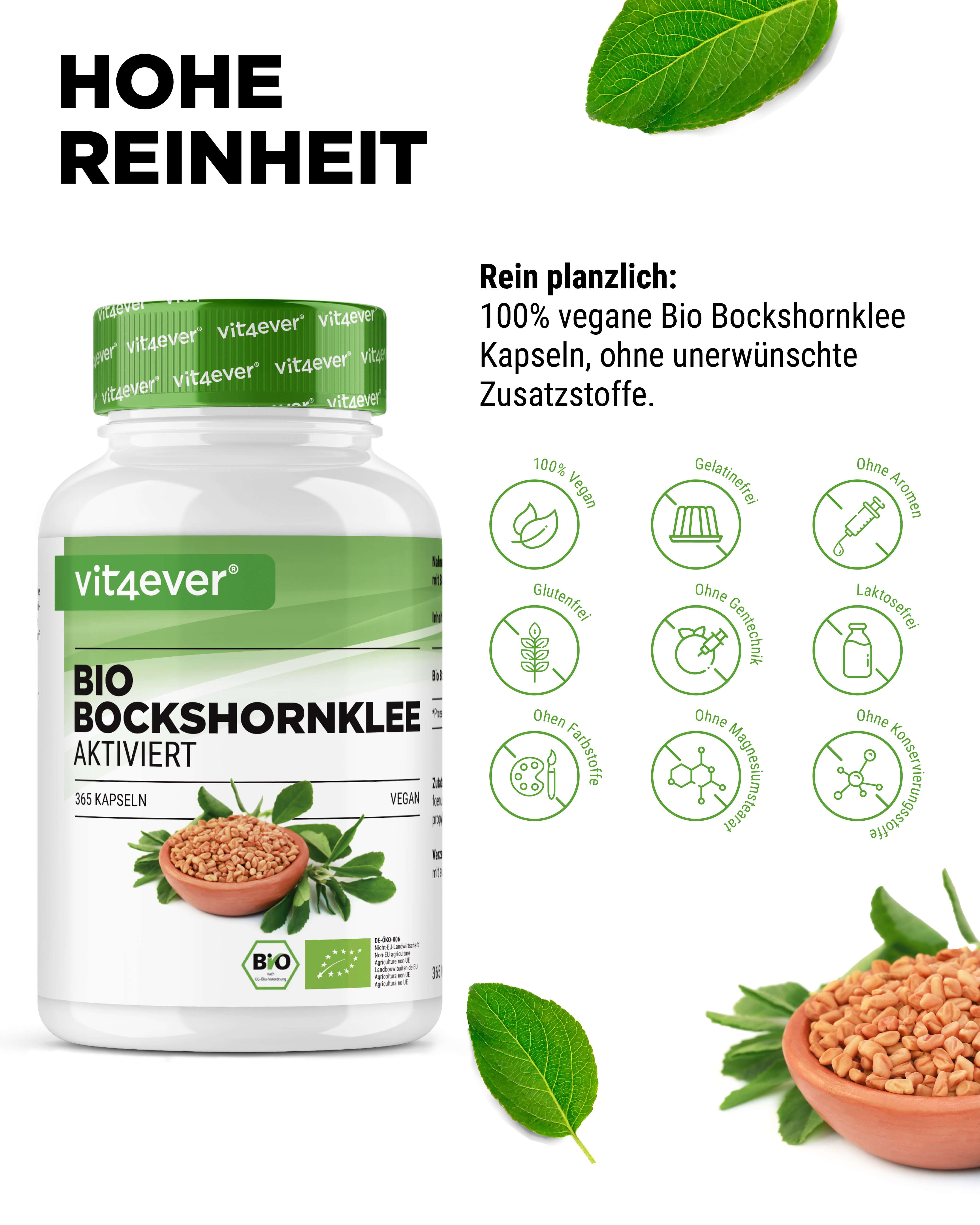 Flasche "vit4ever BIO BOCKSHORNKLEE AKTIVIERT" mit Icons: vegan, glutenfrei, ohne Aroma, ohne Laktose, ohne Farbstoffe, ohne Magnesiumstearat.