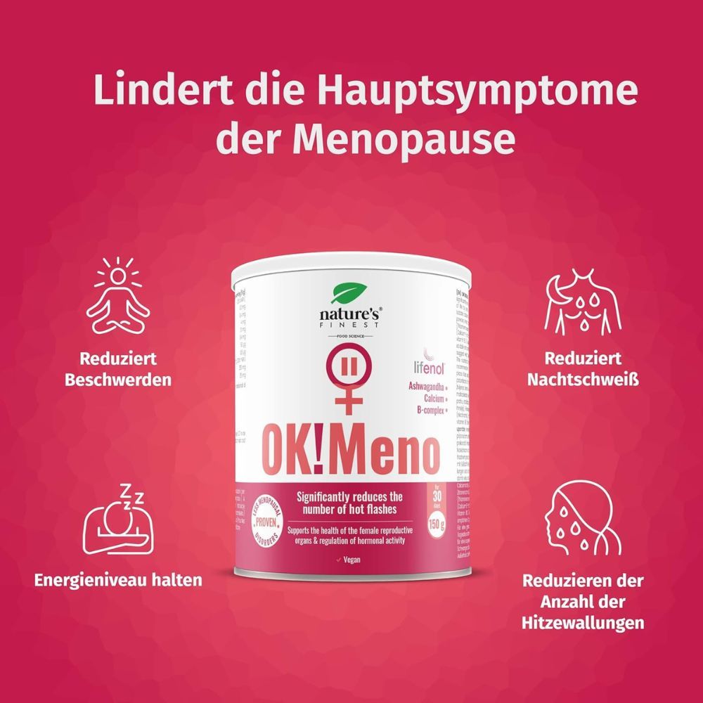 Produkt "OK!Meno" in Dose, umgeben von Icons. Reduziert Beschwerden, Nachtschweiß, Hitzewallungen. Hält Energieniveau.