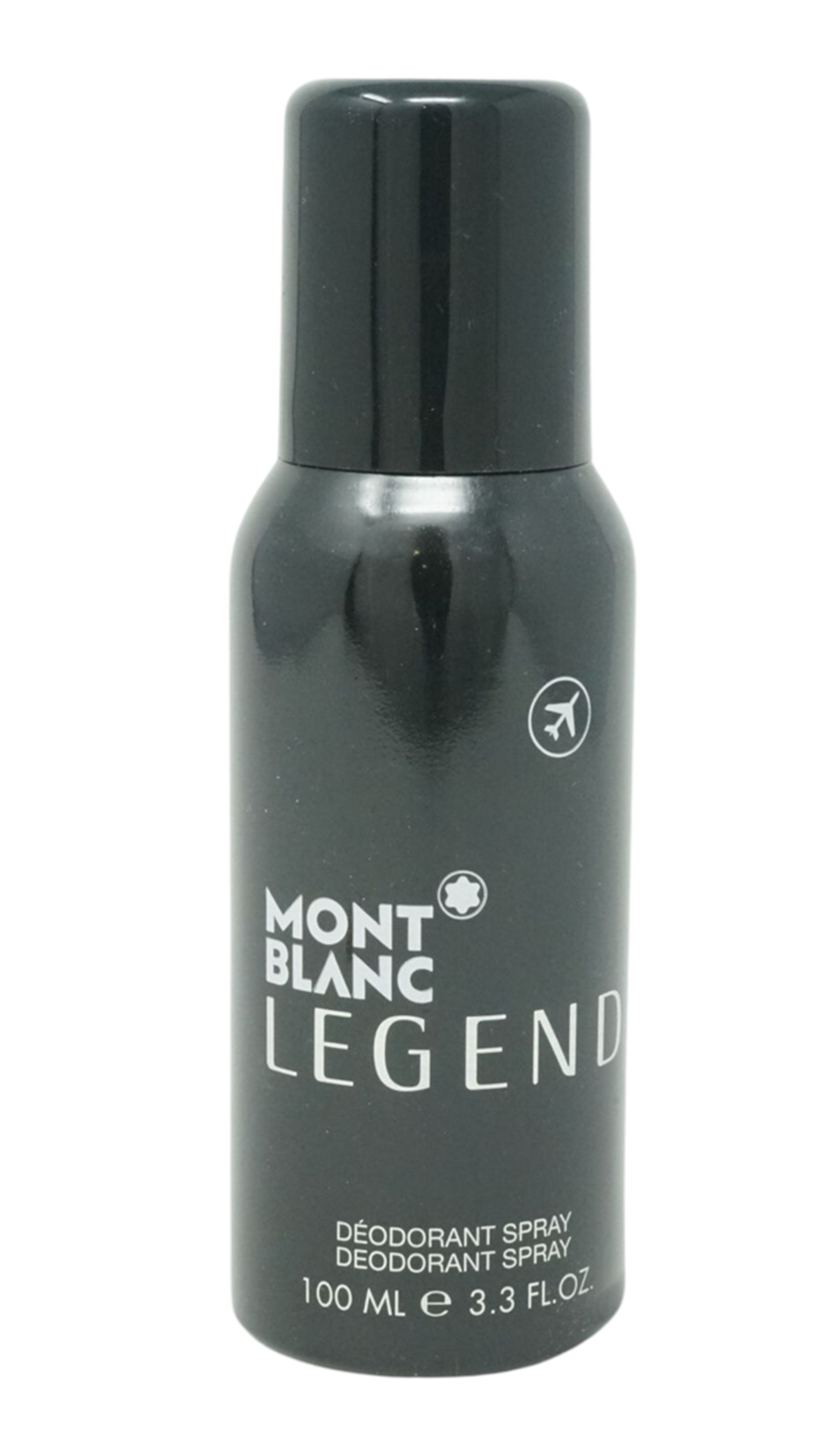 Schwarze Deodorant-Spray-Flasche. Aufschrift: MONTBLANC LEGEND. Mit Logo und Text: DÉODORANT SPRAY, 100 ml.