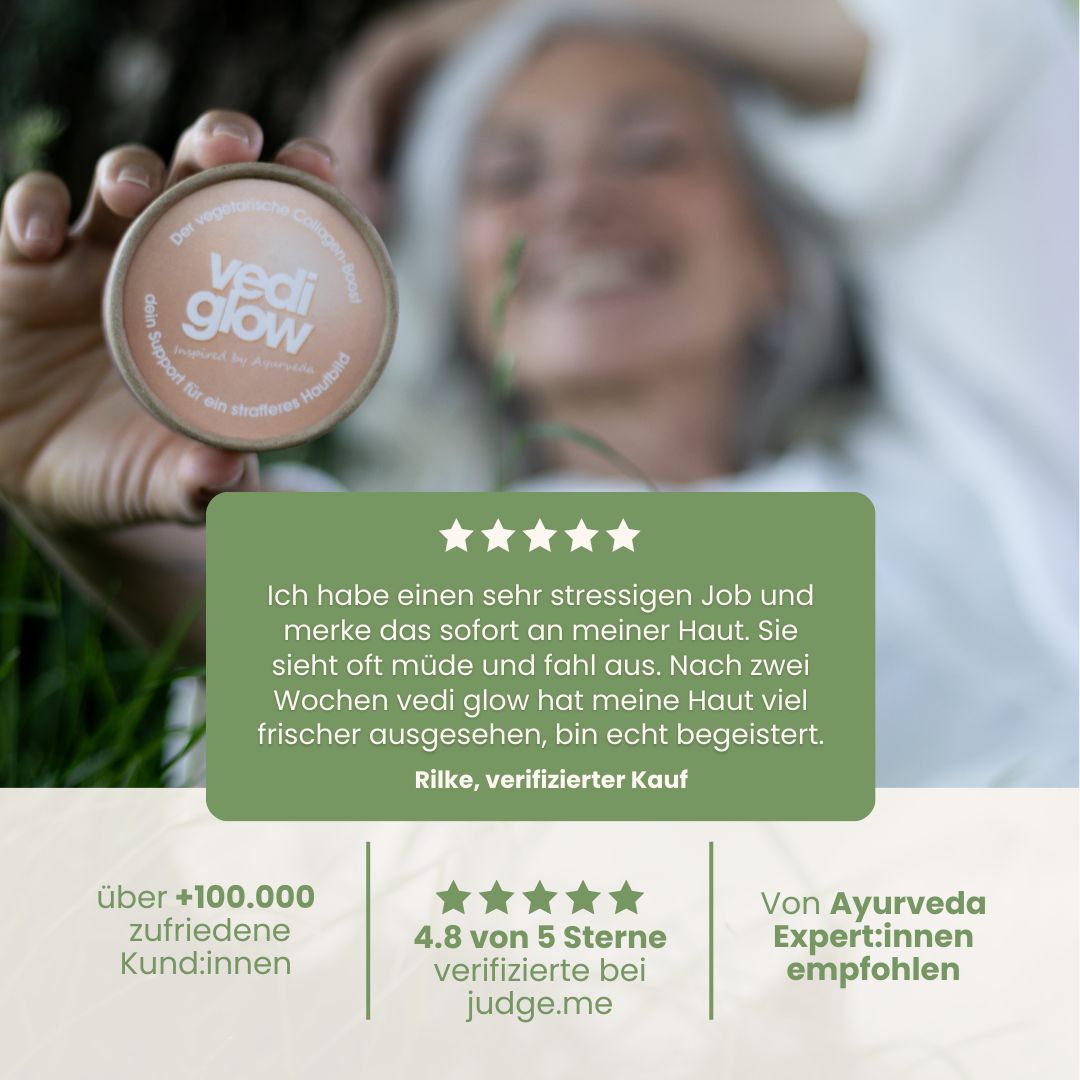 Frau hält Dose Vedi Glow. Text: 4.8 von 5 Sternen, verifizierte Bewertungen. Über 100.000 zufriedene Kunden. Von Ayurveda Experten empfohlen.