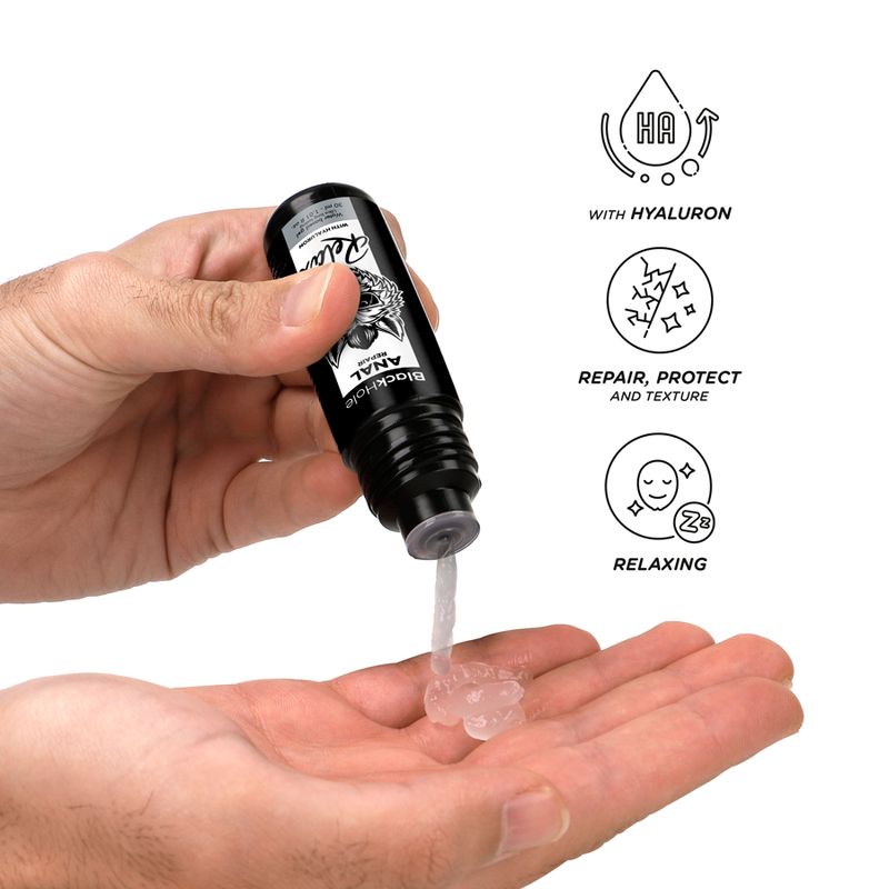 Schwarze Flasche, Produkt wird in Hand gedrückt. Gel tritt aus. Symbole: Hyaluron, Reparatur, Entspannung.