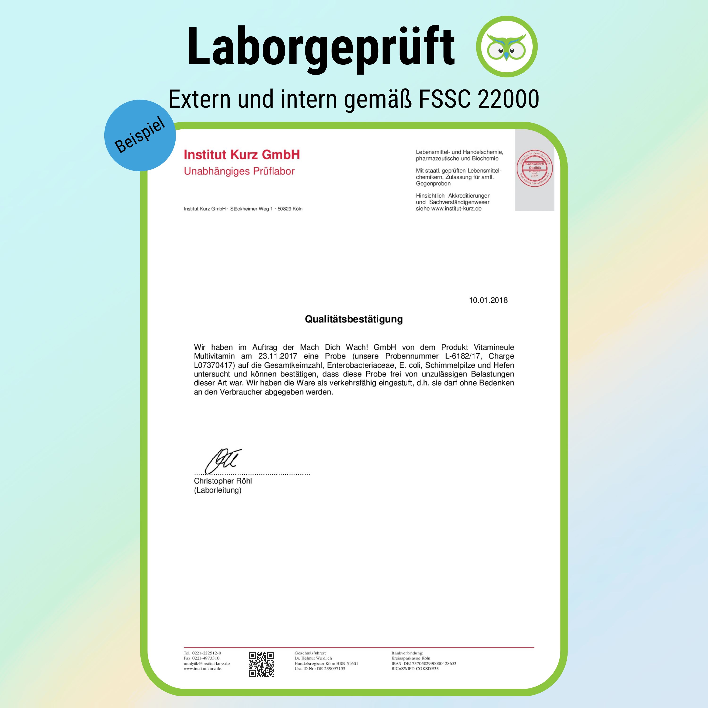 Laborgeprüft. Beispiel: Zertifikat von Institut Kurz GmbH. Unabhängiges Prüflabor. FSSC 22000.