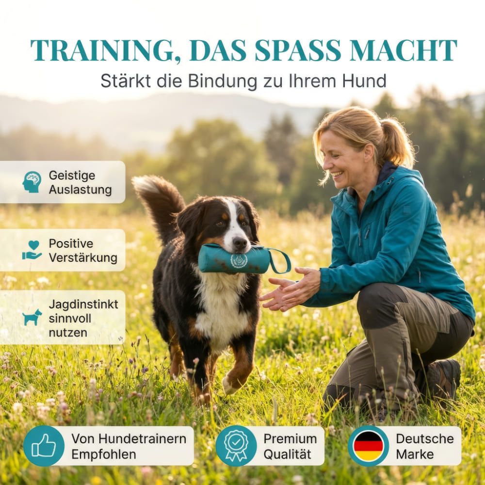 Frau mit Futterbeutel, Hund. Text: Training, das Spaß macht. Empfohlen von Hundetrainern. Premium Qualität.