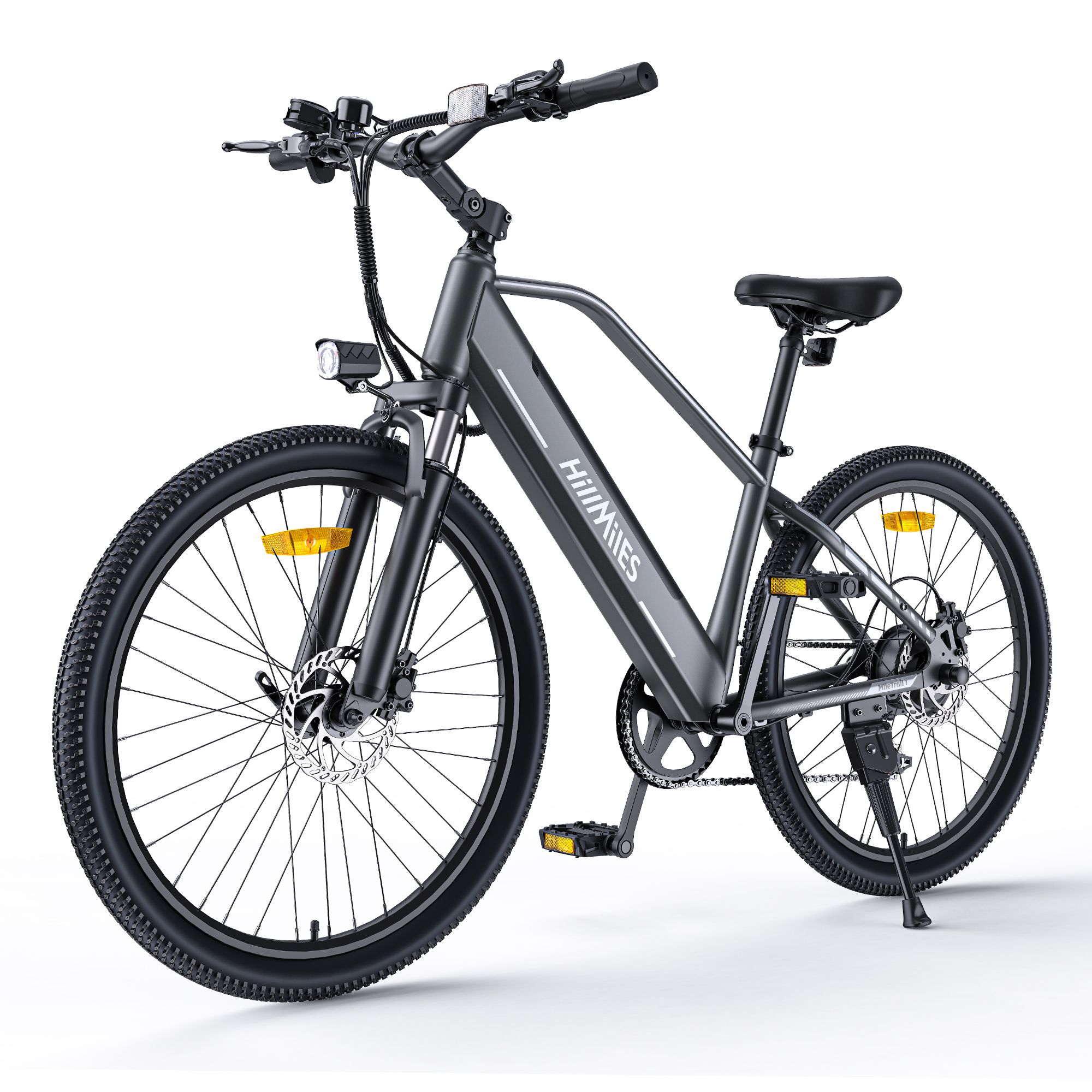 Graues E-Bike mit schwarzen Reifen. Sichtbare Komponenten: Scheinwerfer, Sattel, Pedale, HILLMILES Logo.