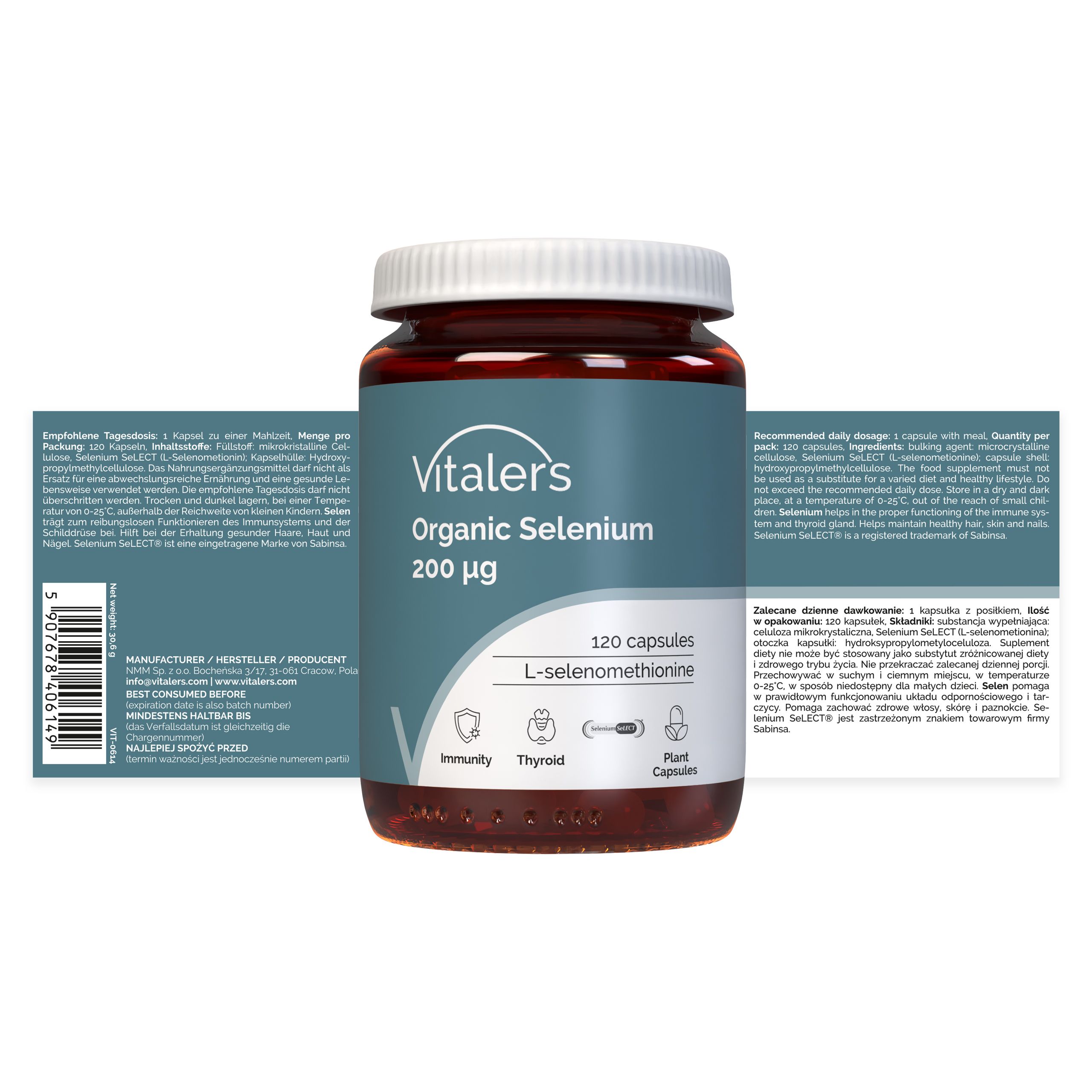 Vitaler’s Organic Selenium 200 µg Kapseldose und Faltschachtel, Rückansicht.