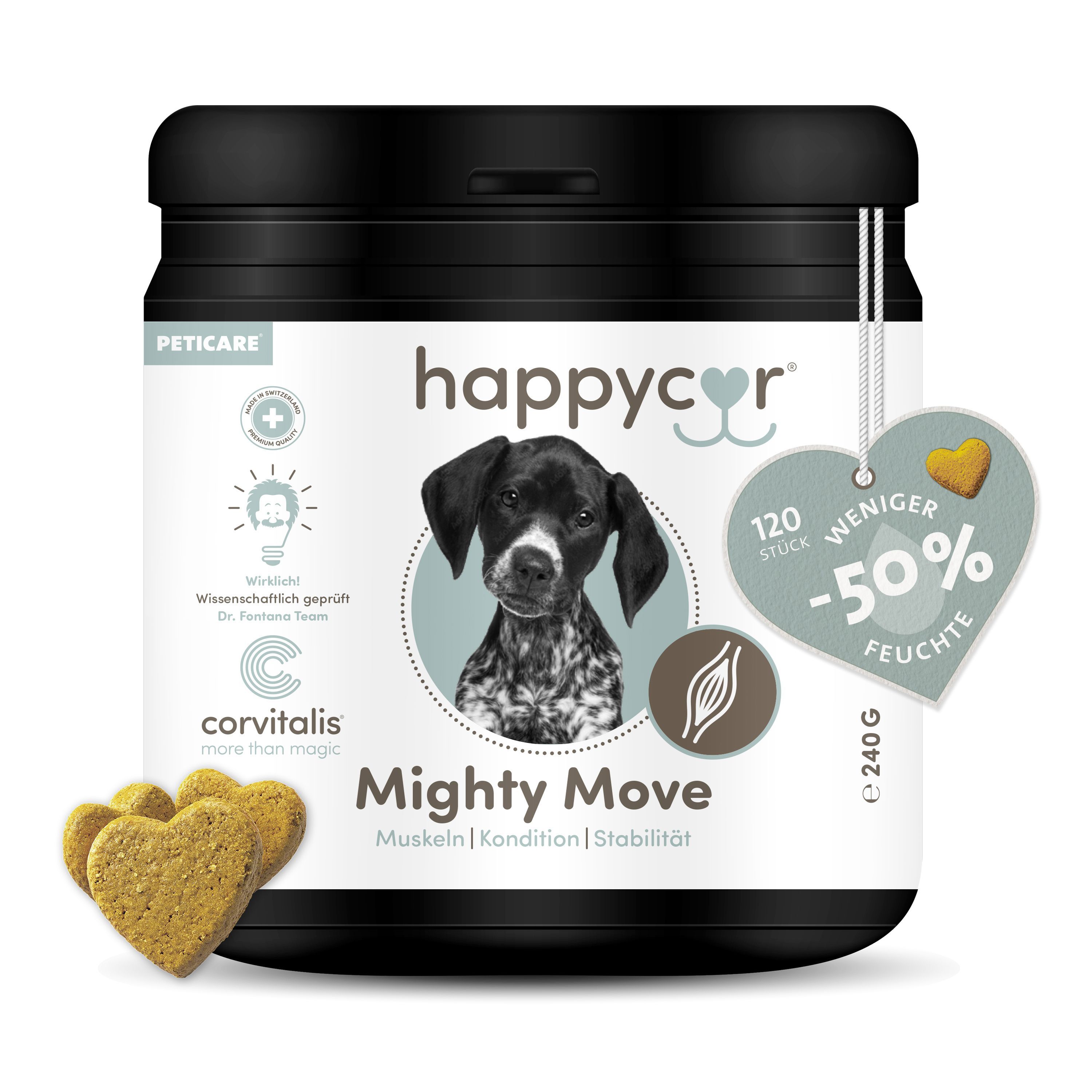 Schwarzer Behälter mit Happycor Muskel Funktions-Snacks für Hunde, 120 Stück, 240g.