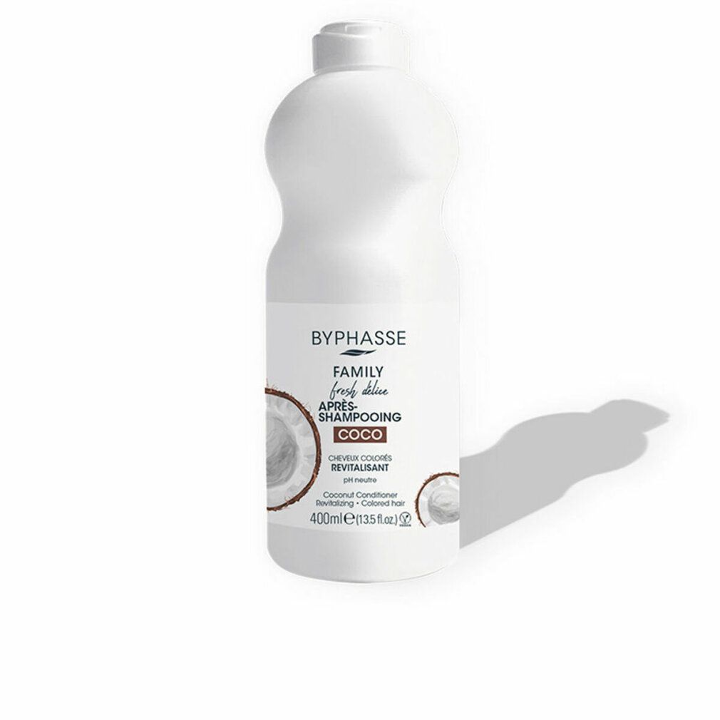 Weiße Flasche mit Etikett. Aufschrift: Byphasse Family Fresh Delice, Coco. Für coloriertes Haar. Kokos-Conditioner.