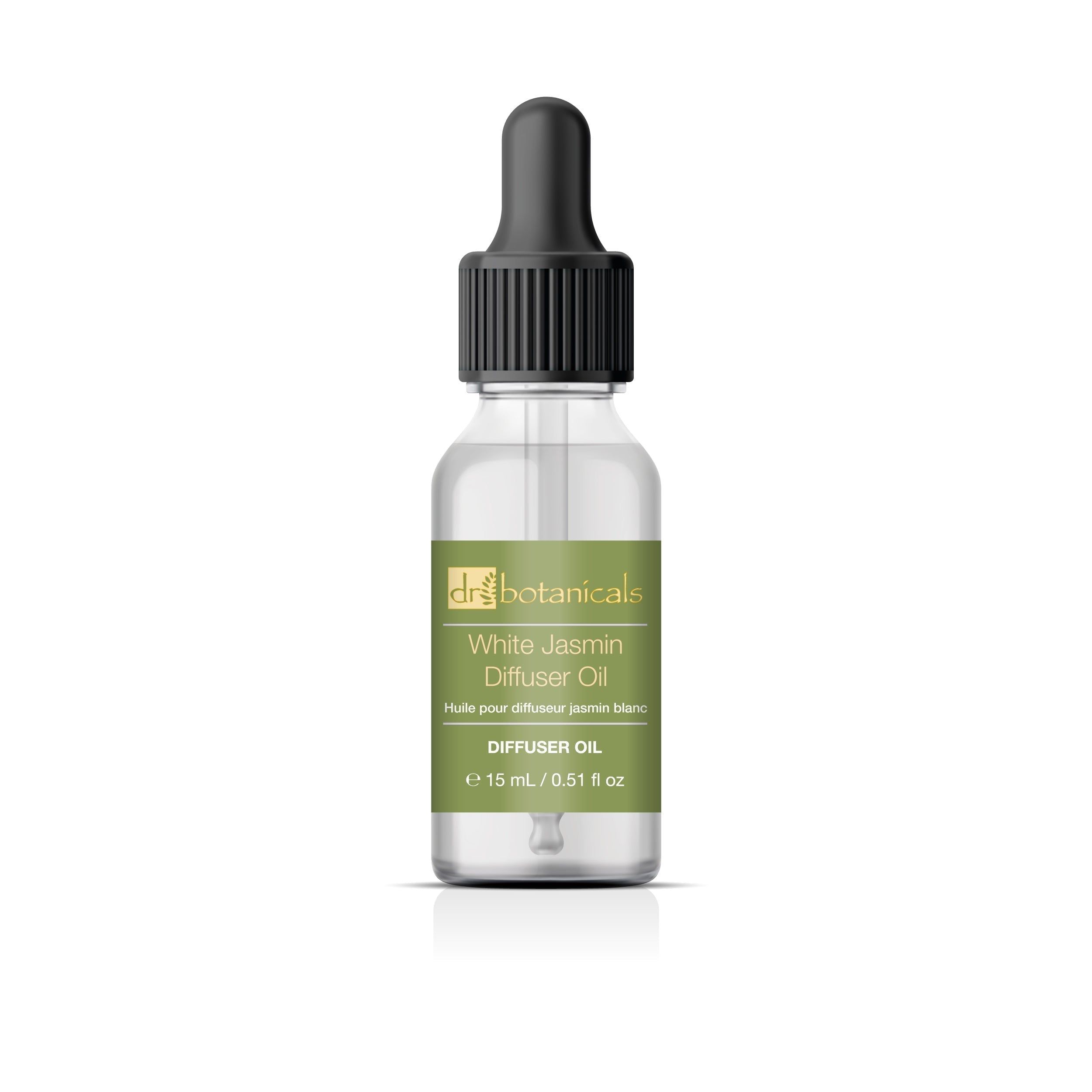 Jasmin Diffuser-Öl in Glasflasche mit Pipette. Etikett mit Produktnamen und Volumenangabe.