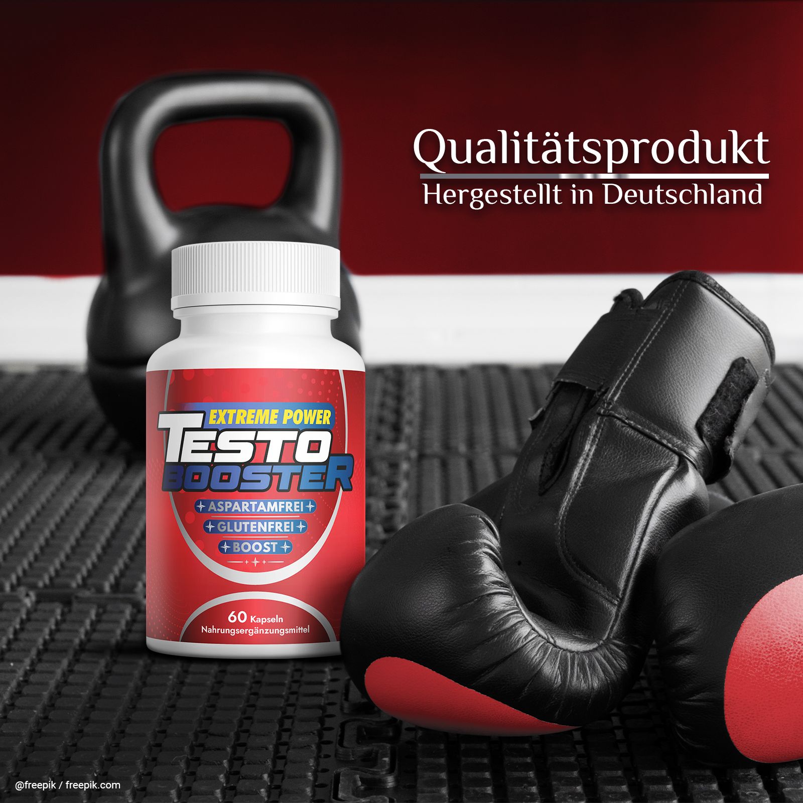 Weiße Flasche mit rotem Etikett. Text: Testo Booster, Extreme Power, aspartamfrei, glutenfrei, Boost. 60 Kapseln. Boxhandschuhe und Kettlebell.