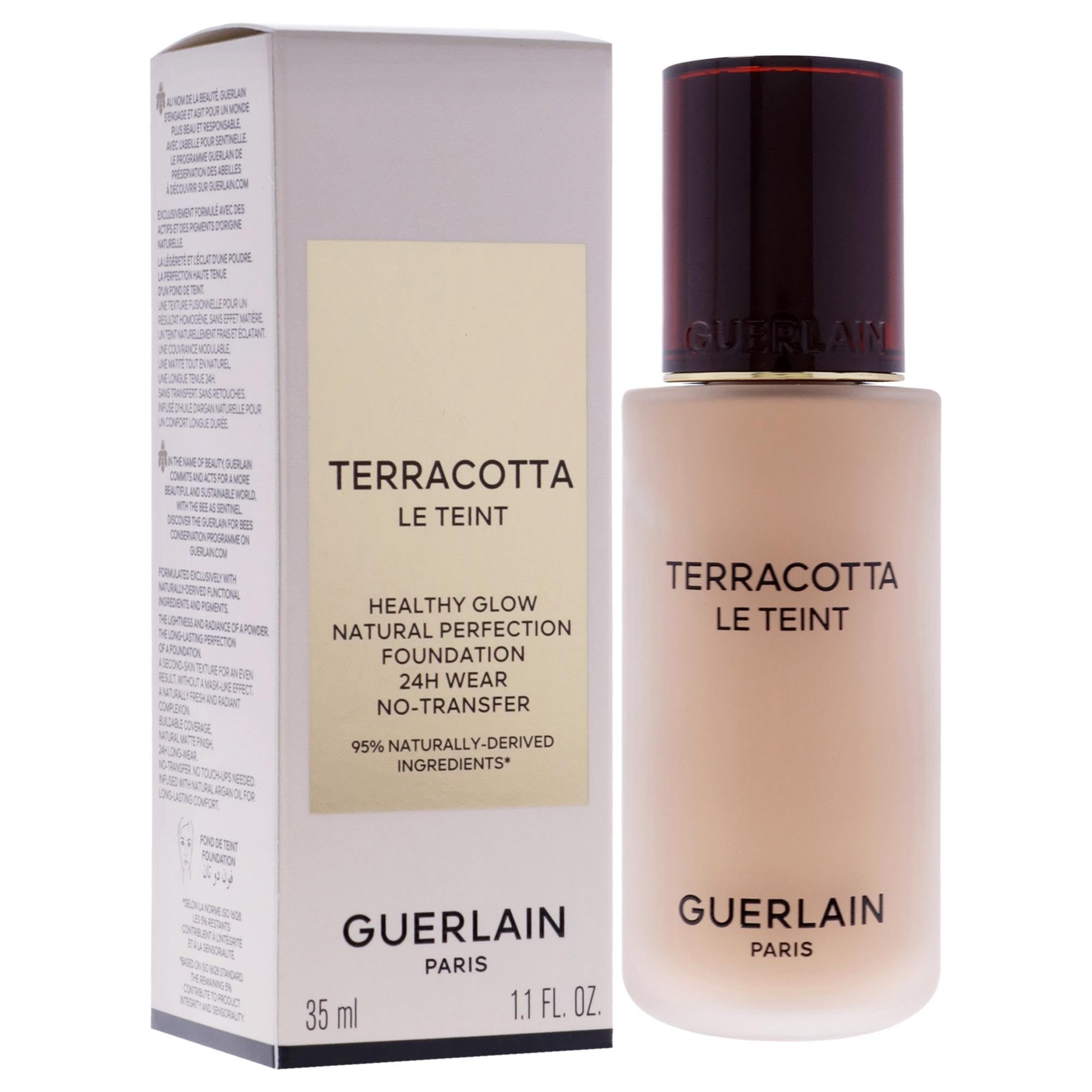 Guerlain Terracotta Le Teint Foundation. Flasche und Verpackung. Text: Healthy Glow, Natural Perfection, 24H Wear, No-Transfer. 35 ml, 1.1 FL. OZ.