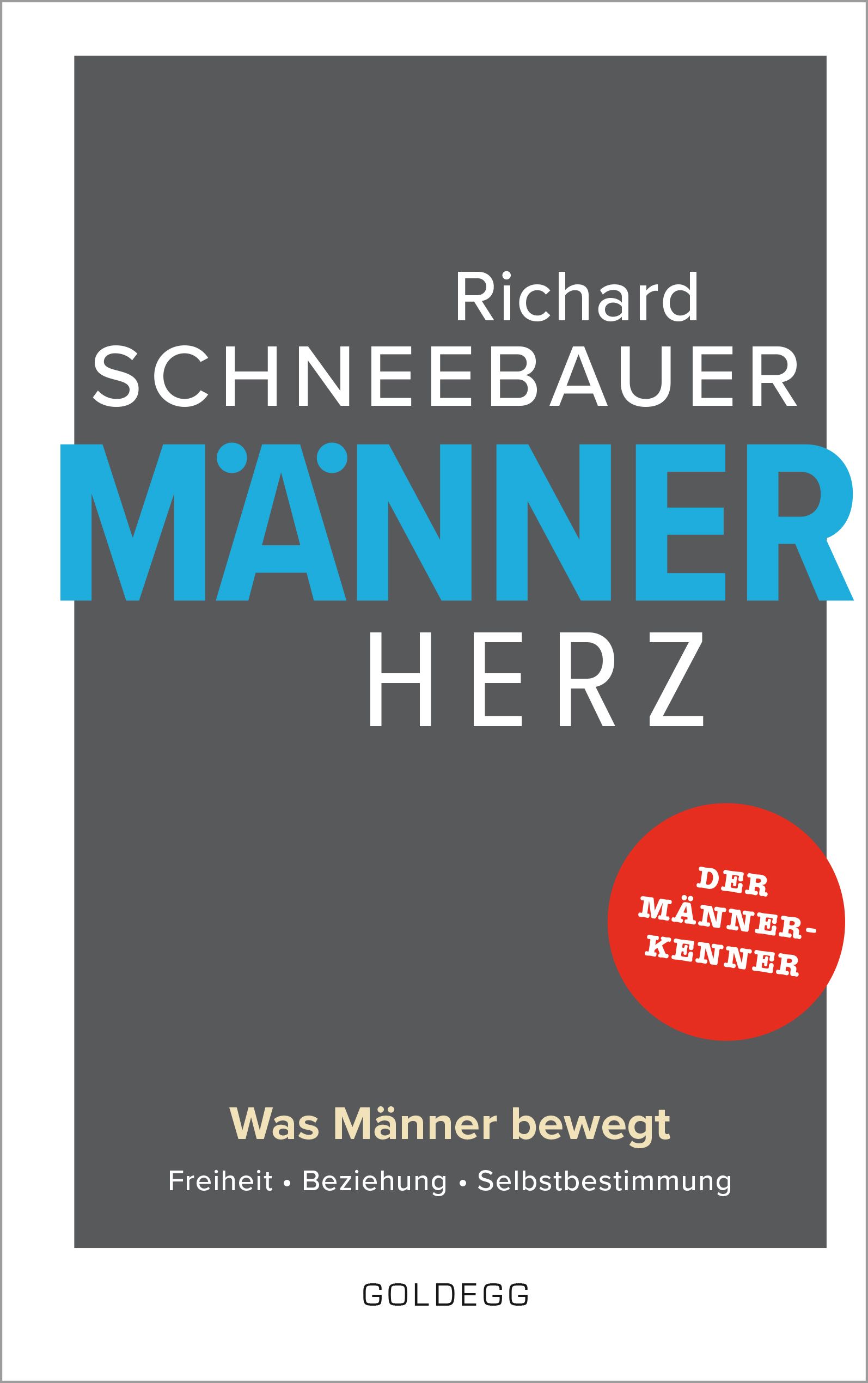 Buchcover mit Titel "Männerherz" von Richard Schneeberger. Auf grauem Hintergrund steht der Titel in blau und weiß. Roter Kreis mit Text.
