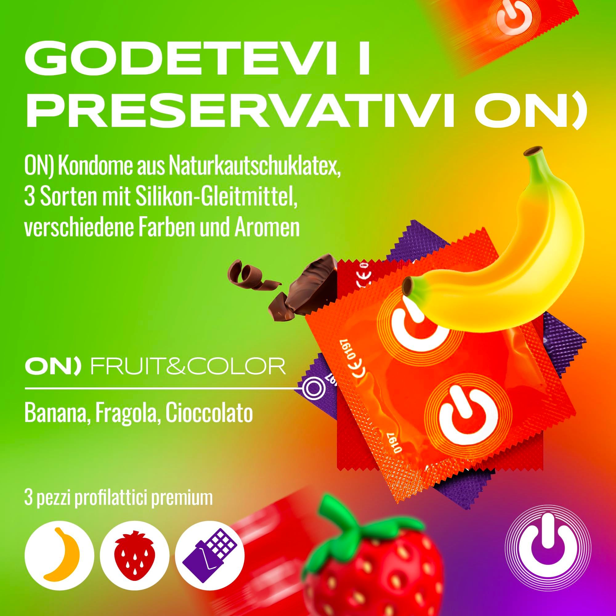ON Kondome Fruit & Color: Banane, Erdbeere, Schokolade. Drei Sorten mit Silikongleitmittel.