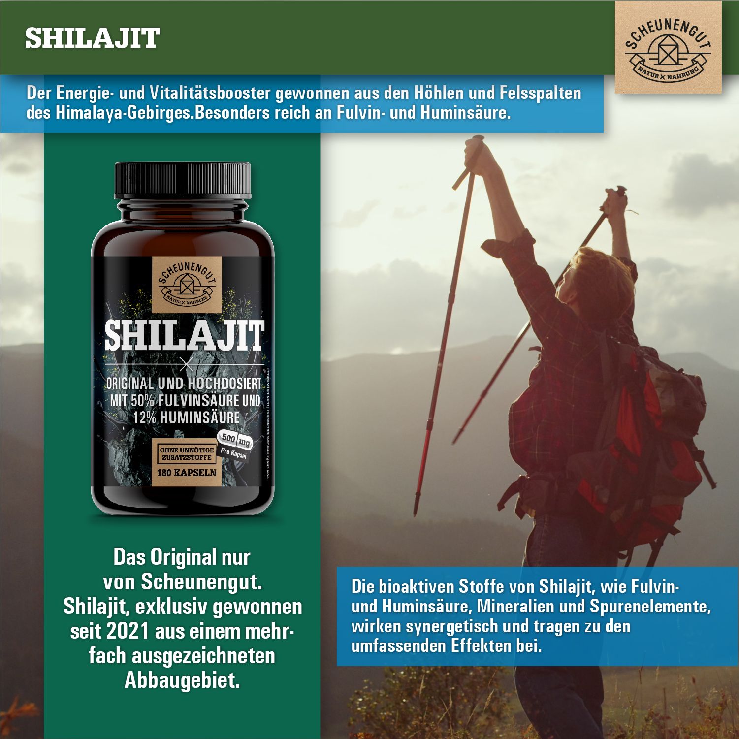 Flasche Shilajit-Kapseln neben Wanderer mit Stöcken in Berglandschaft. Text über Herkunft und Wirkung.