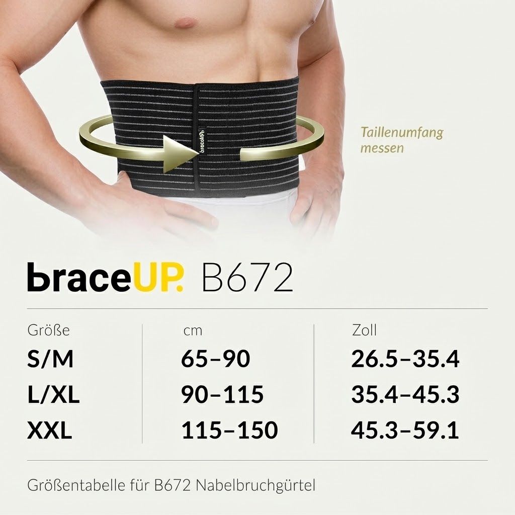 Größentabelle für einen Bauchgurt mit Größenangaben in cm und Zoll.