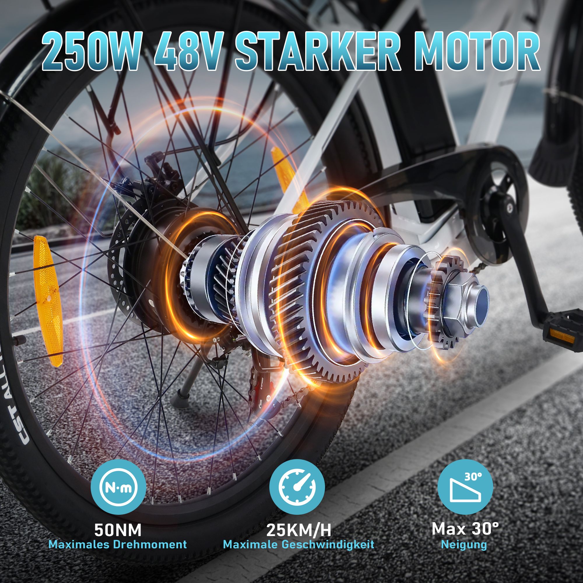 Nahaufnahme des Hinterrads. 250W 48V starker Motor. 50Nm maximales Drehmoment, 25KM/H maximale Geschwindigkeit, max. 30° Neigung.