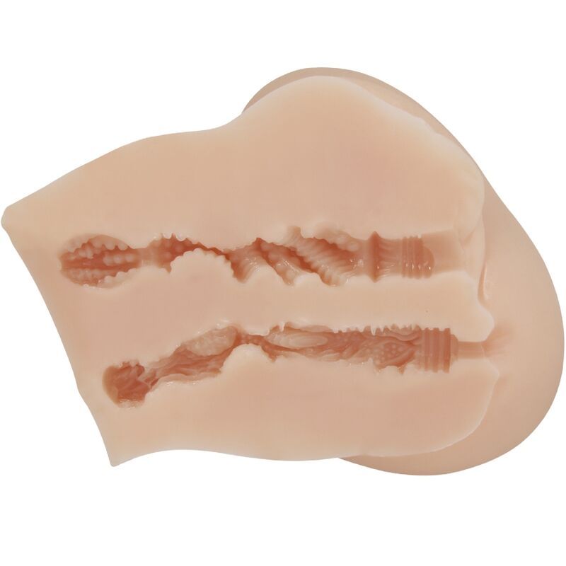 Beiges, anatomisch geformtes Produkt. Längsschnitt mit strukturierten Innenflächen.