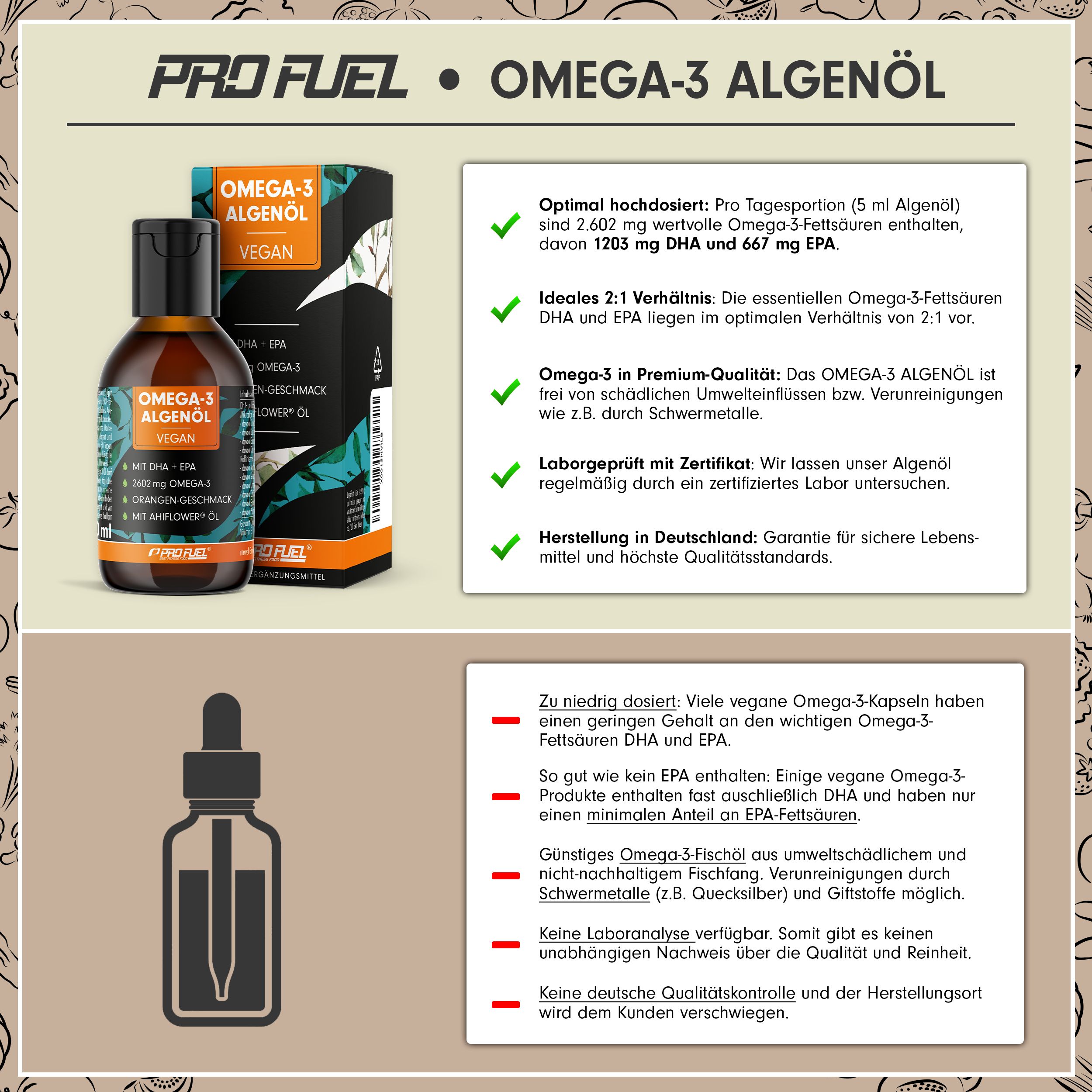 Produktflasche und Schachtel neben Text. Text: Pro Fuel, Omega-3, vegan, ideales Verhältnis, Laborgeprüft, hergestellt in Deutschland.