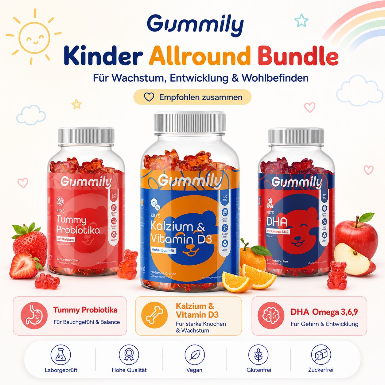 Drei Gummily Flaschen: Tummy Probiotika, Kalzium & Vitamin D3, DHA Omega.