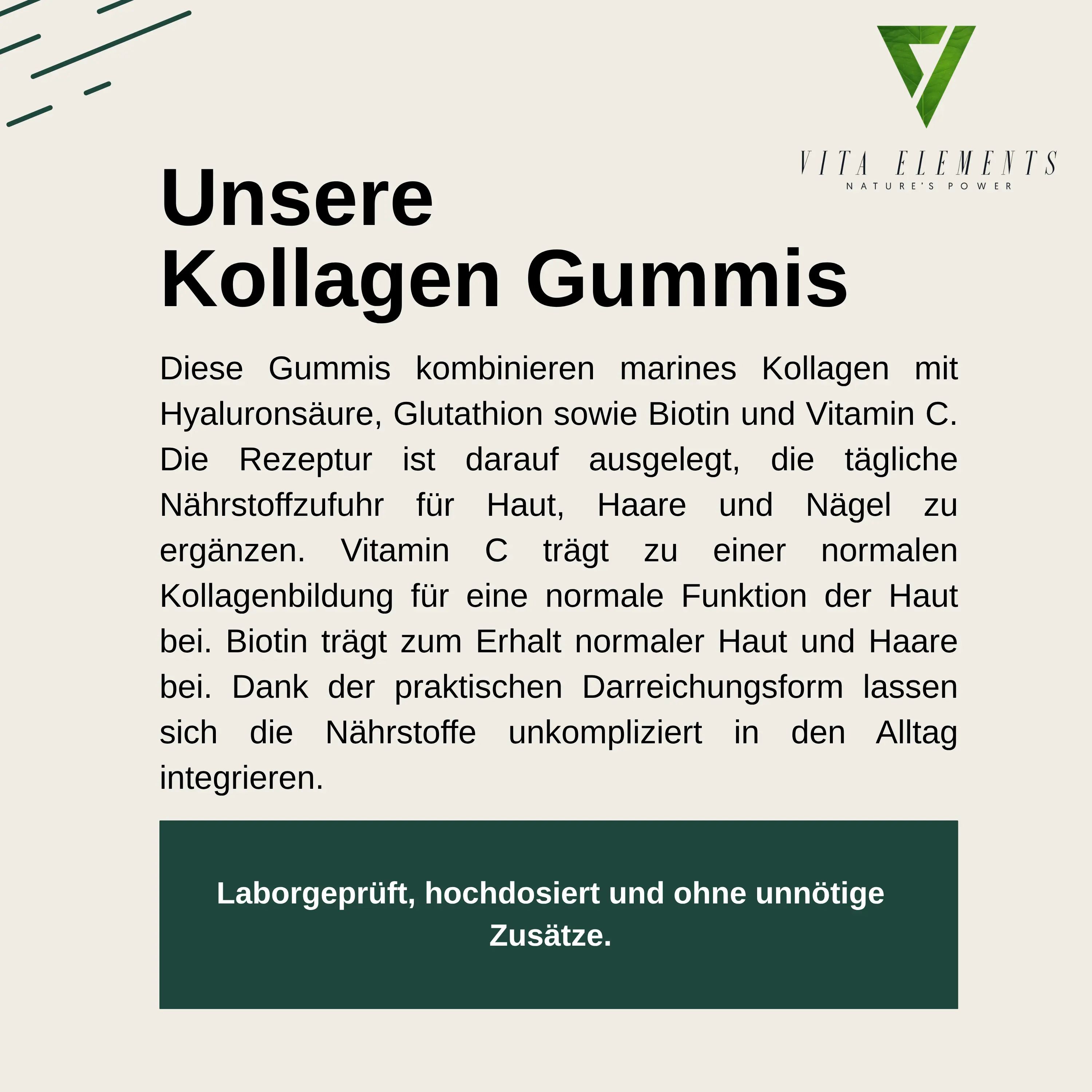Flasche mit lila Kollagen-Gummibärchen, "Laborgeprüft in Deutschland" und "Ohne unnötige Zusätze" Siegel.