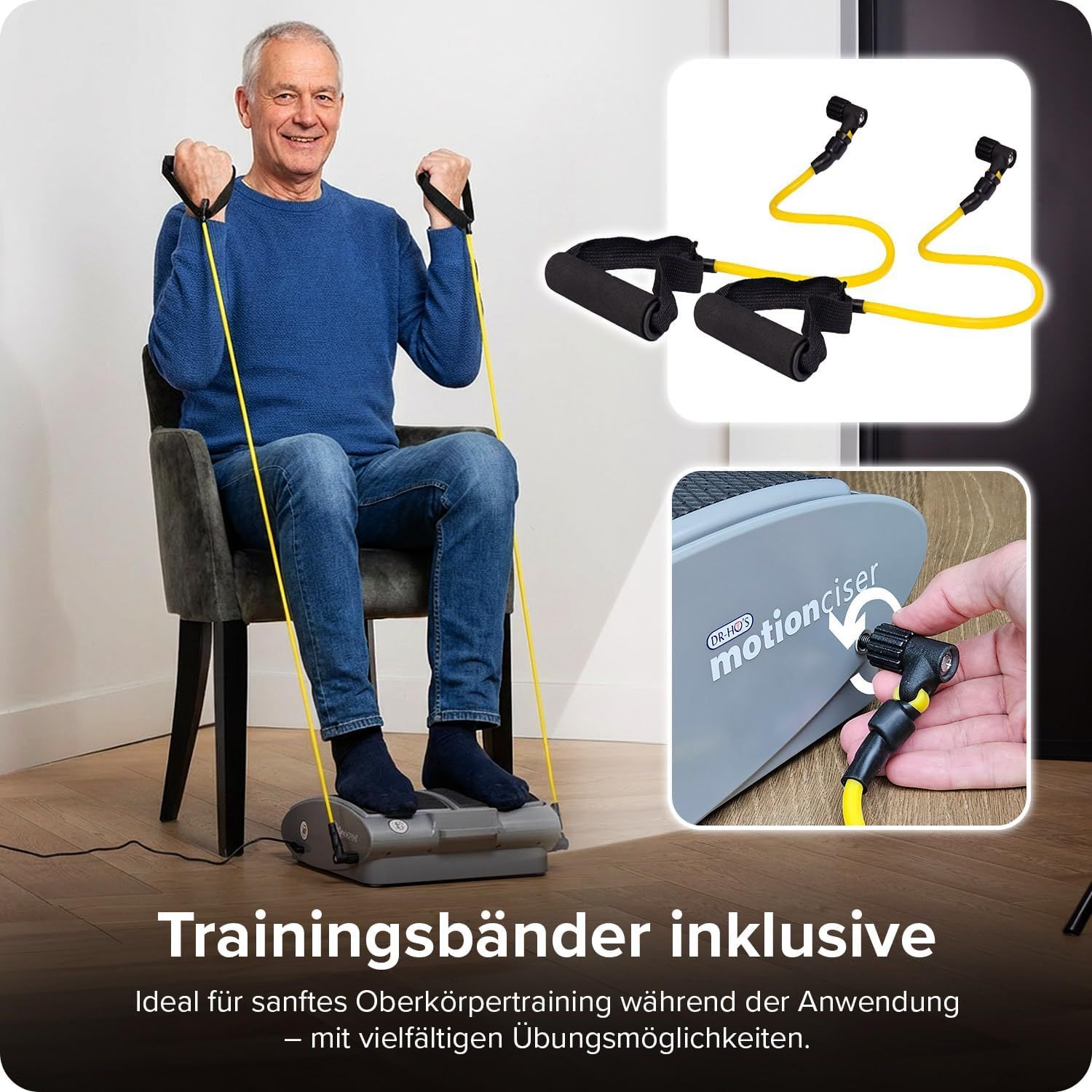 Graues Fußmassagegerät. Mann sitzt, trainiert mit Bändern. Gelbe Trainingsbänder. Inklusive Trainingsbänder.