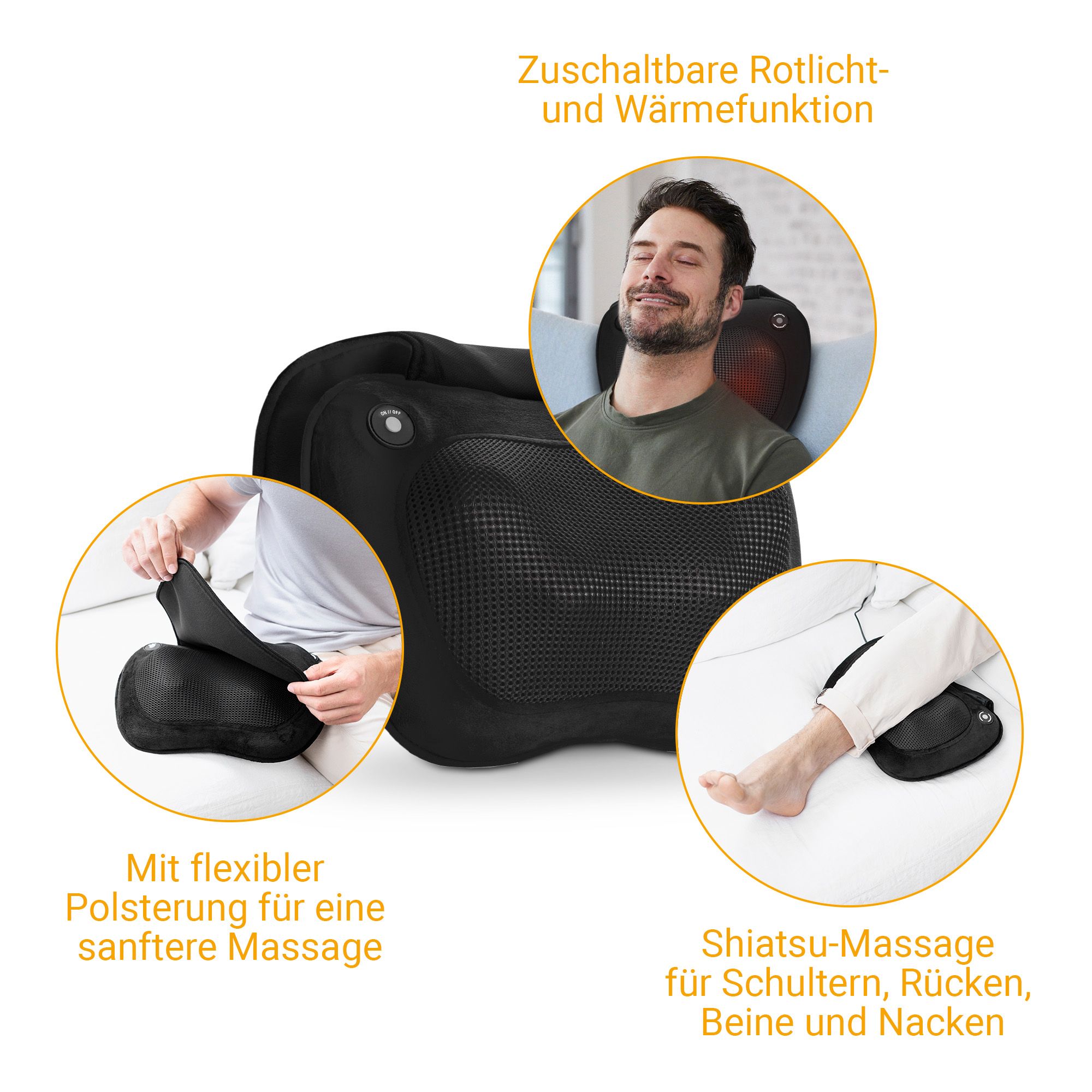 Schwarzes Shiatsu-Massagekissen mit Funktionen: Rotlicht, Wärme, flexible Polsterung, für Nacken, Rücken, Beine.