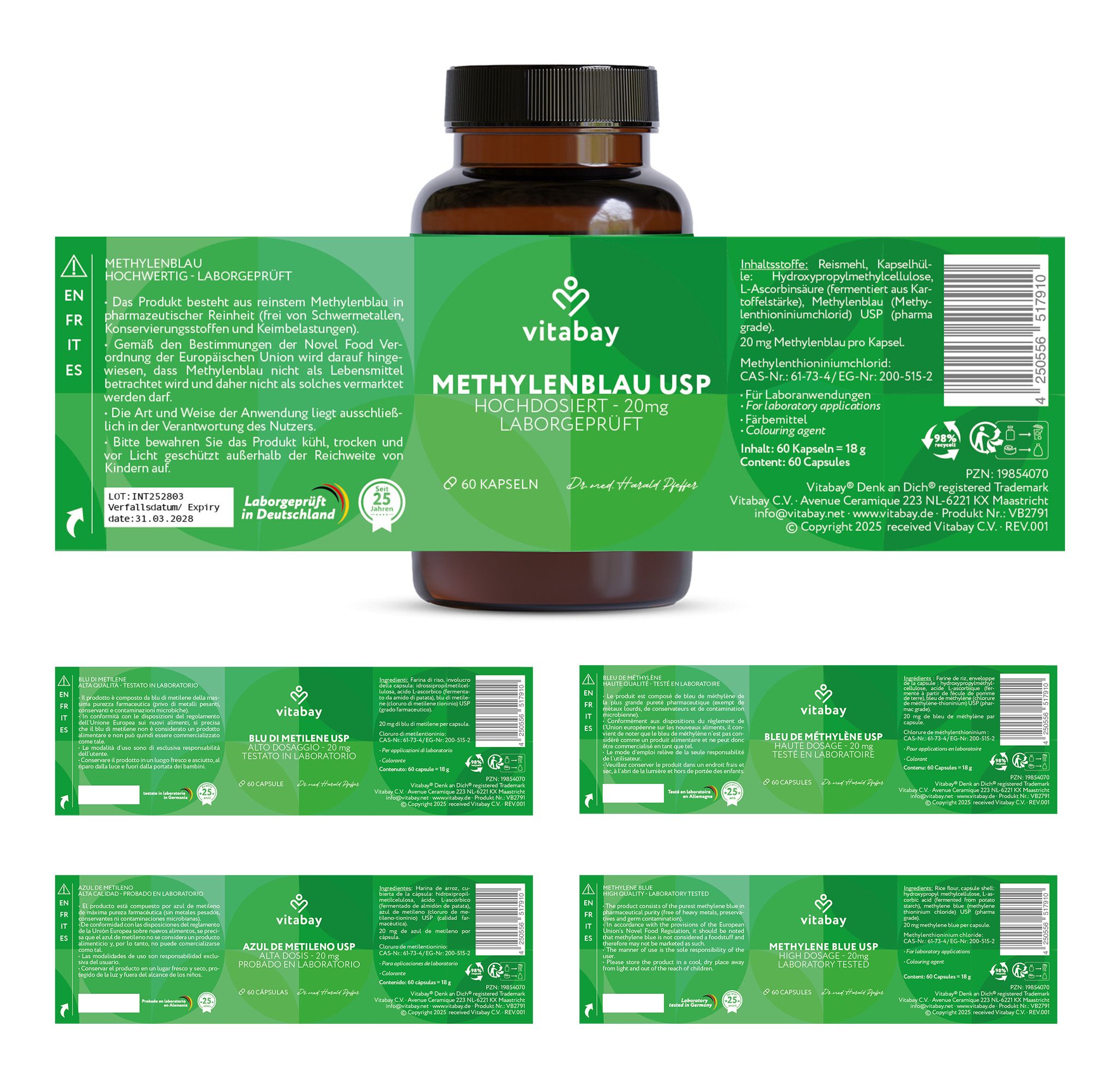 Vitabay Methylenblau USP 20mg Flasche. Produktinformationen auf Etikett. 60 Kapseln. Laborgeprüft in Deutschland.