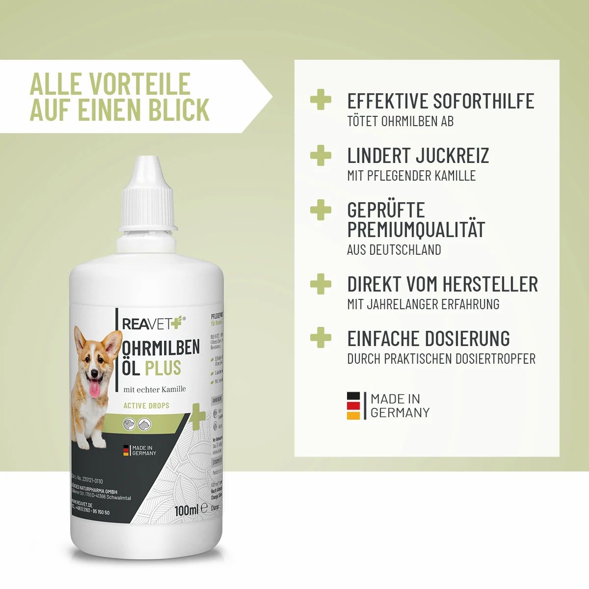 Weiße Flasche mit Dosieraufsatz. Aufschrift: Ohrmilben Öl Plus, ReaVET. Mit Abbildung eines Hundes. Text: Made in Germany.