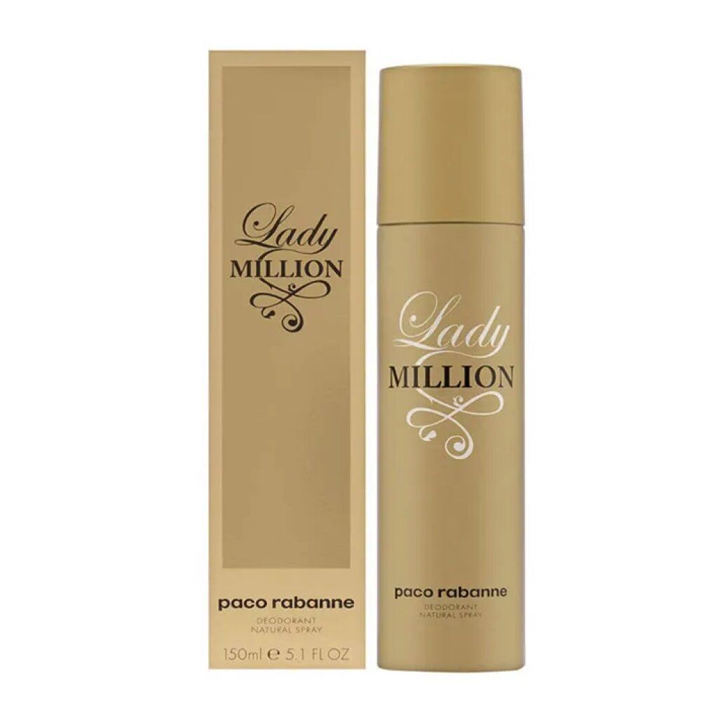 Goldfarbene Deodorant-Spray-Dose und Verpackung. Aufschrift: Lady Million, Paco Rabanne. 150ml.