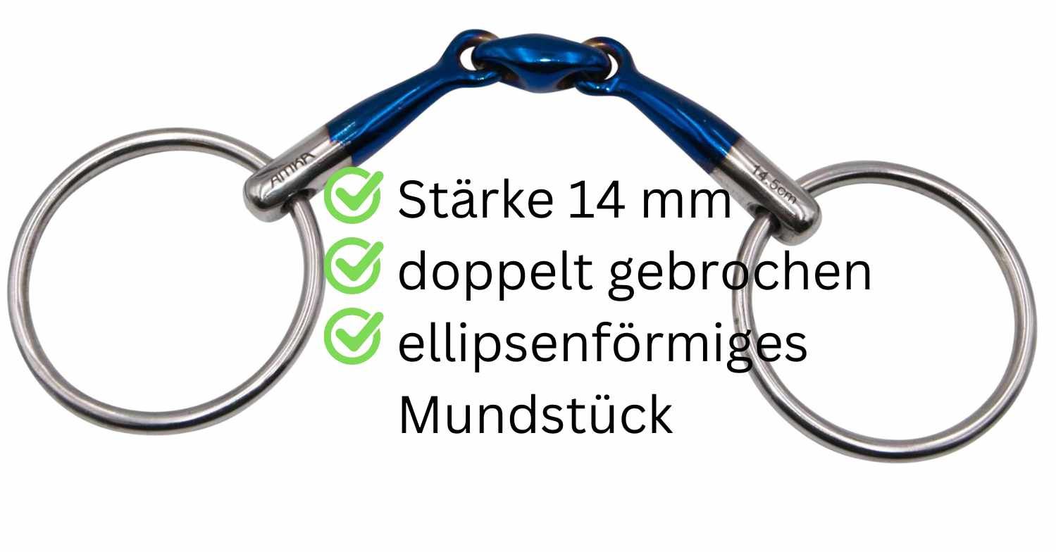 Doppelt gebrochene AMKA Wassertrense. Ellipsenförmiges Mundstück, 14 mm Stärke. Blaue Seitenteile und Verbindungsstück. Ringe aus Metall.