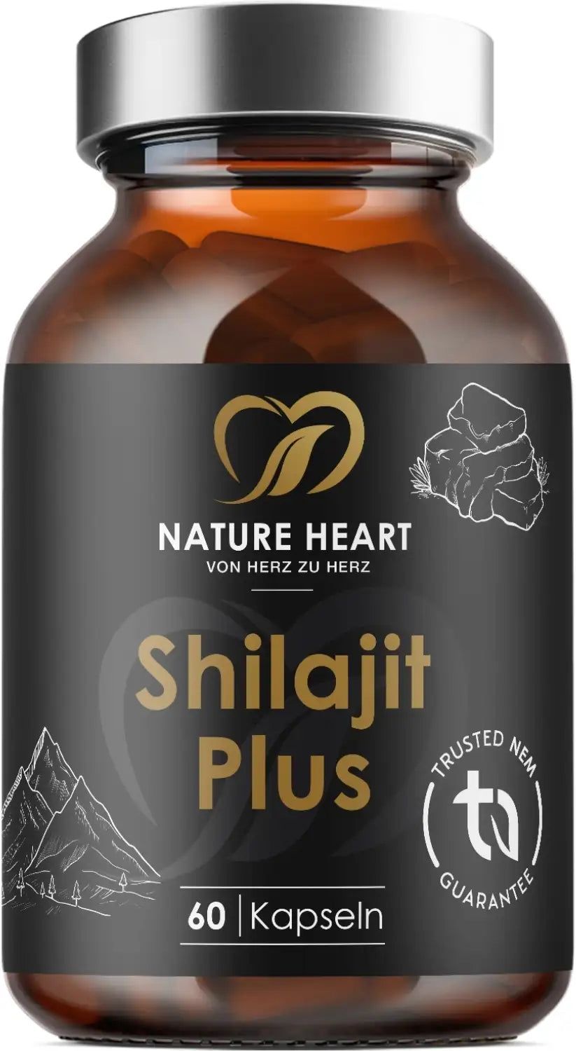 Braune Glasflasche mit schwarzem Etikett. Aufschrift: Shilajit Plus, 60 Kapseln. Logo: Nature Heart.
