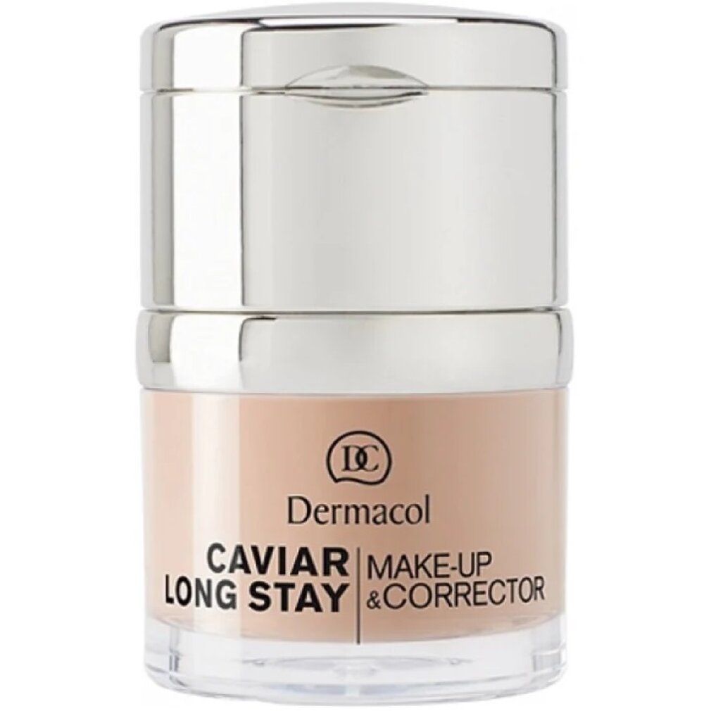 Dermacol Caviar Long Stay Make-up Corrector in einem transparenten Behälter mit silbernem Deckel.